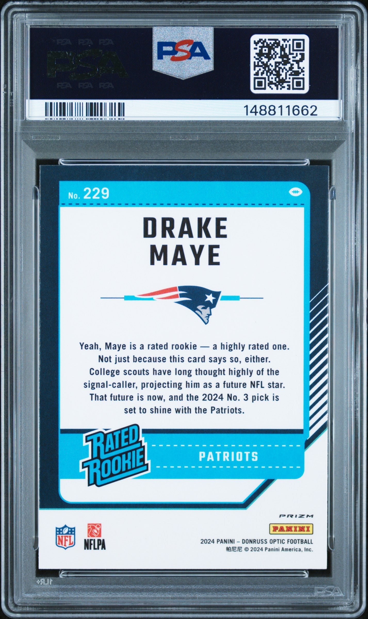 2024 Panini Donruss Optic 229 Drake Maye Purple Shock PSA 8