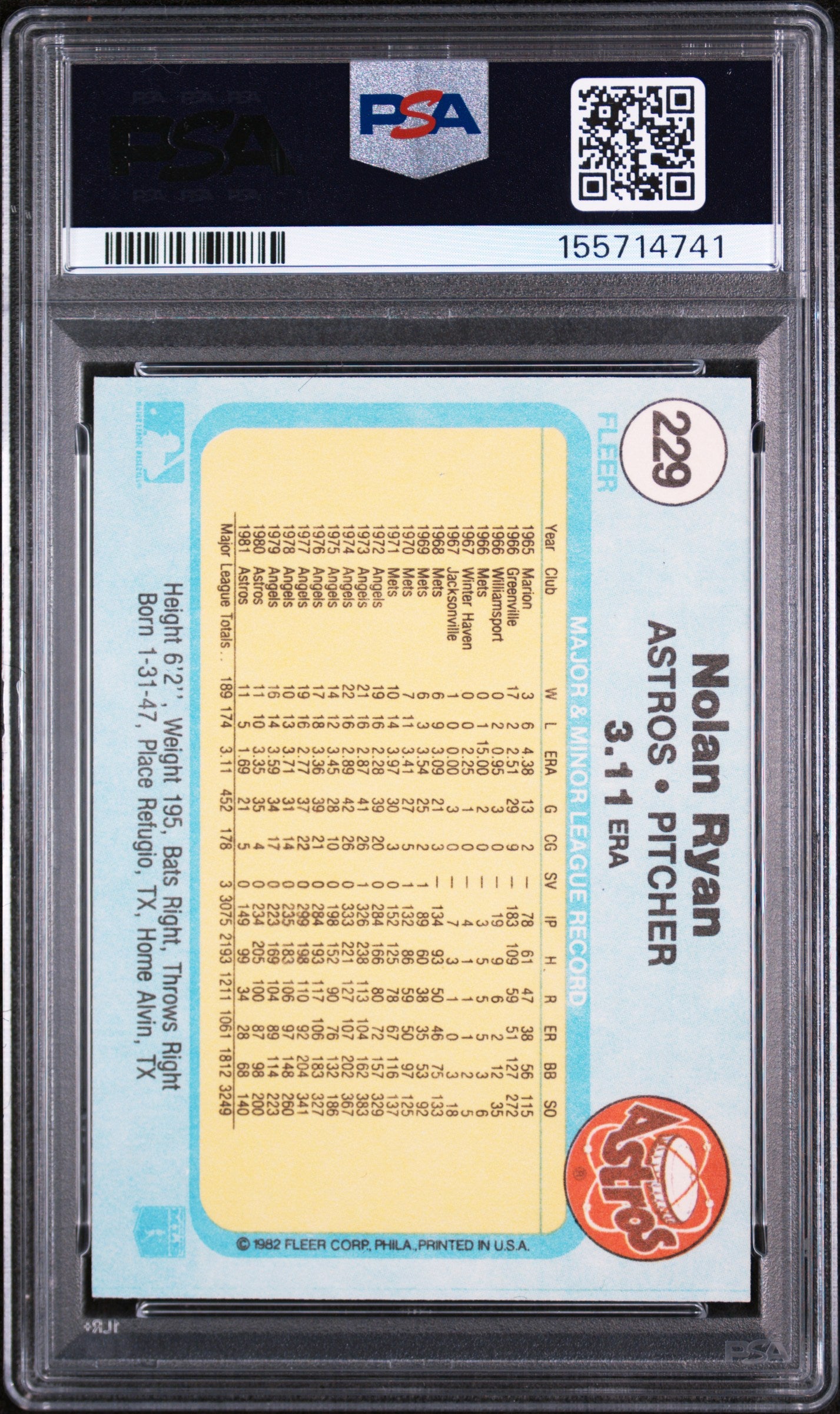 1982 FLEER 229 NOLAN RYAN PSA 9 - back