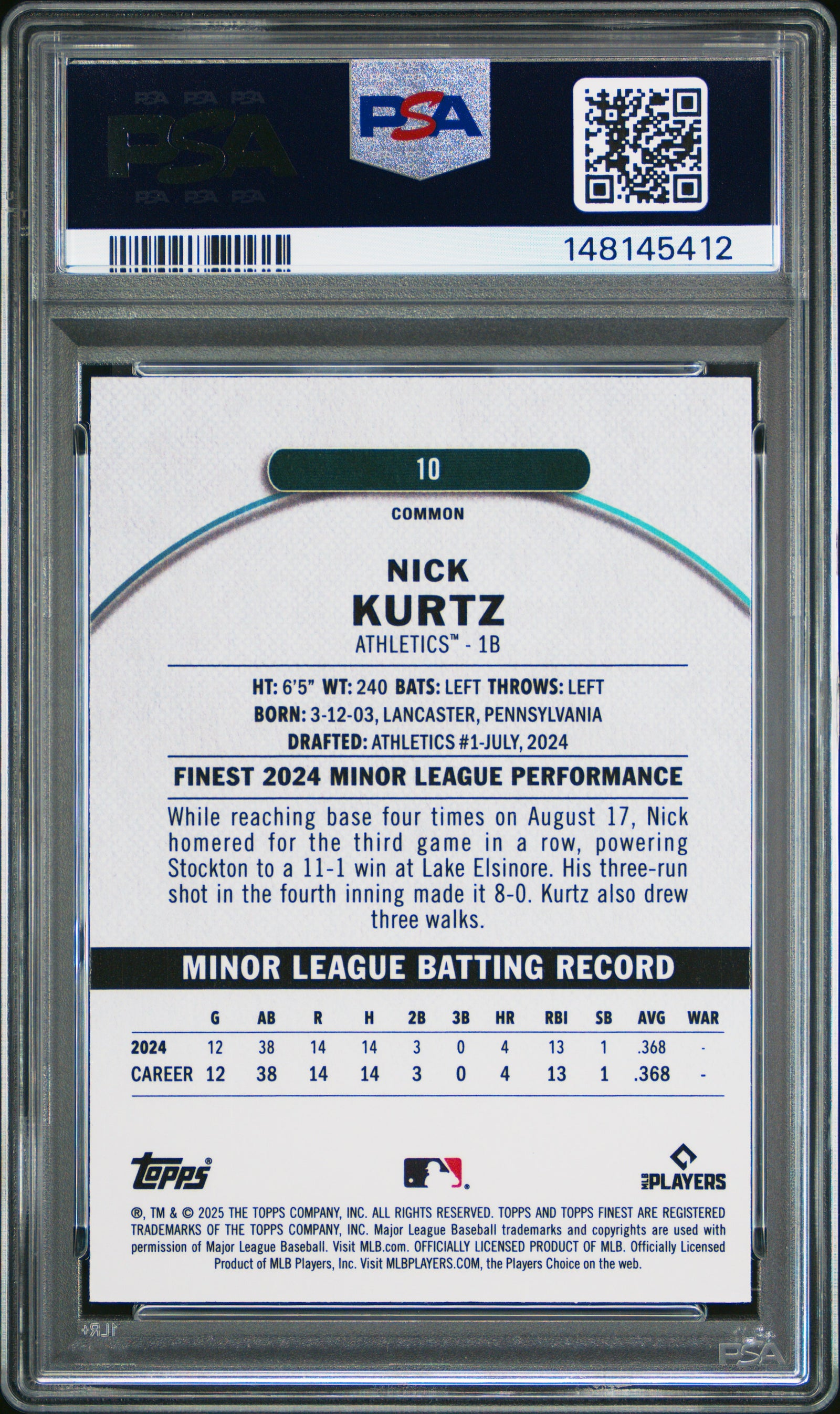 2025 Topps Finest 10 Nick Kurtz Sky Blue Refractor PSA 10