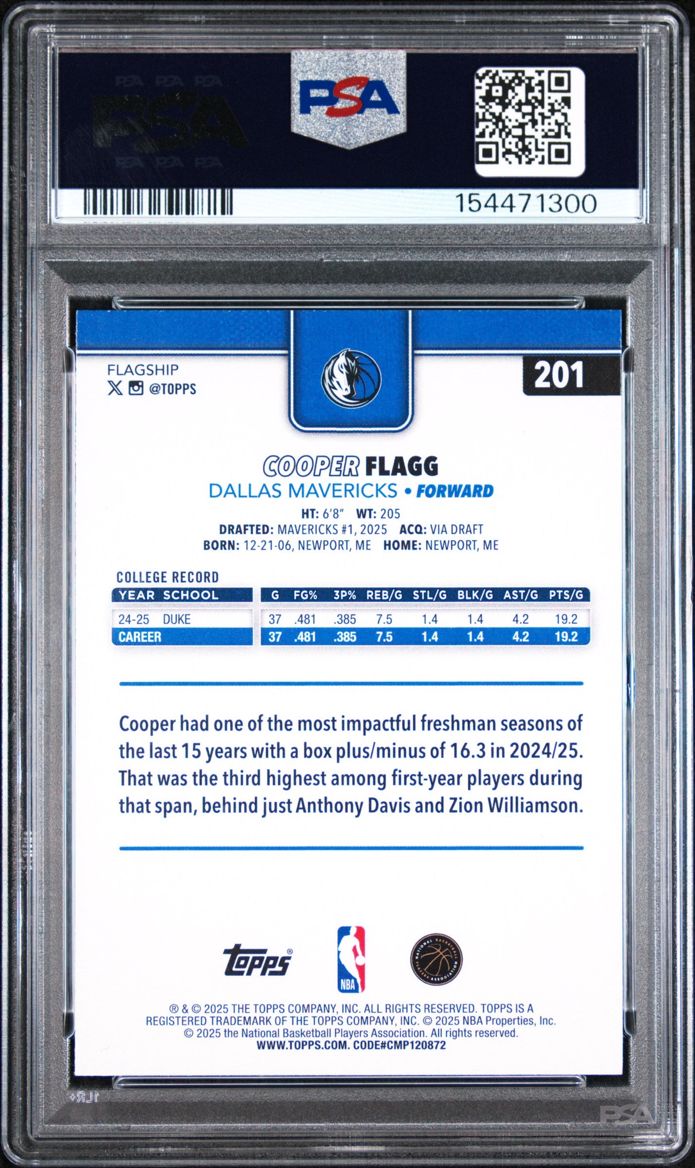 2025 TOPPS 201 COOPER FLAGG PSA 9 - back