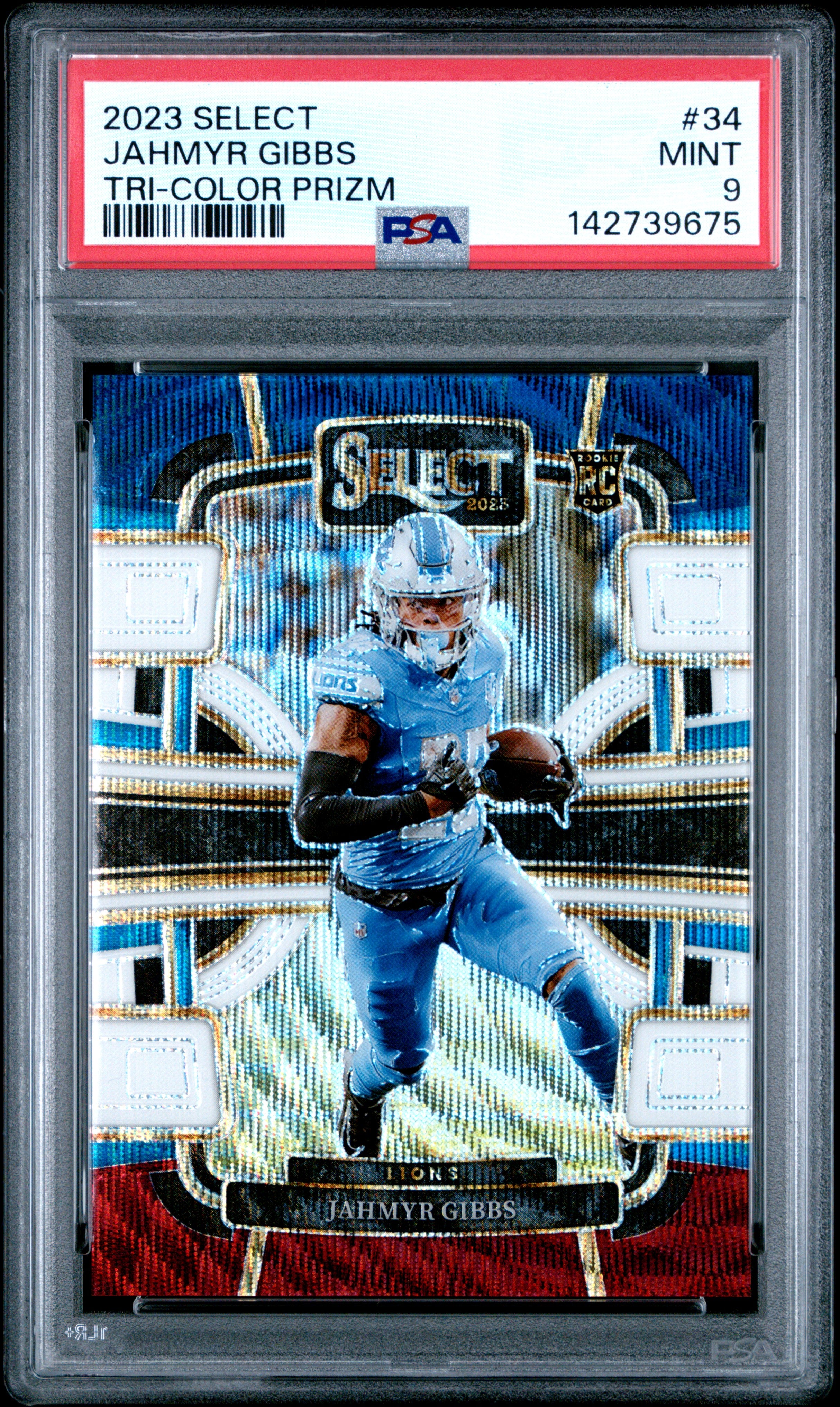 2023 Panini Select 34 Jahmyr Gibbs Tri-Color Prizm PSA 9
