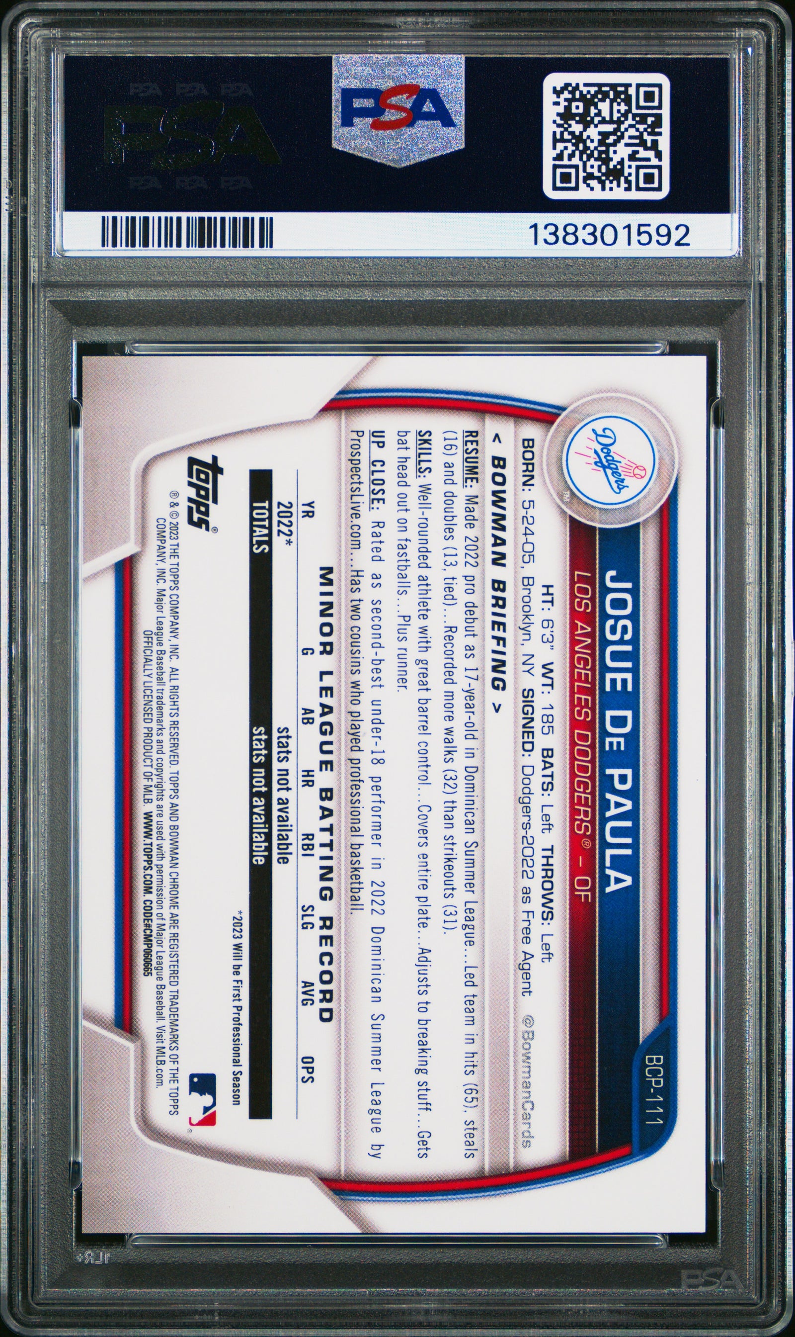 2023 Bowman Chrome Prospects Bcp111 Josue De Paula Lava Refractor PSA 10