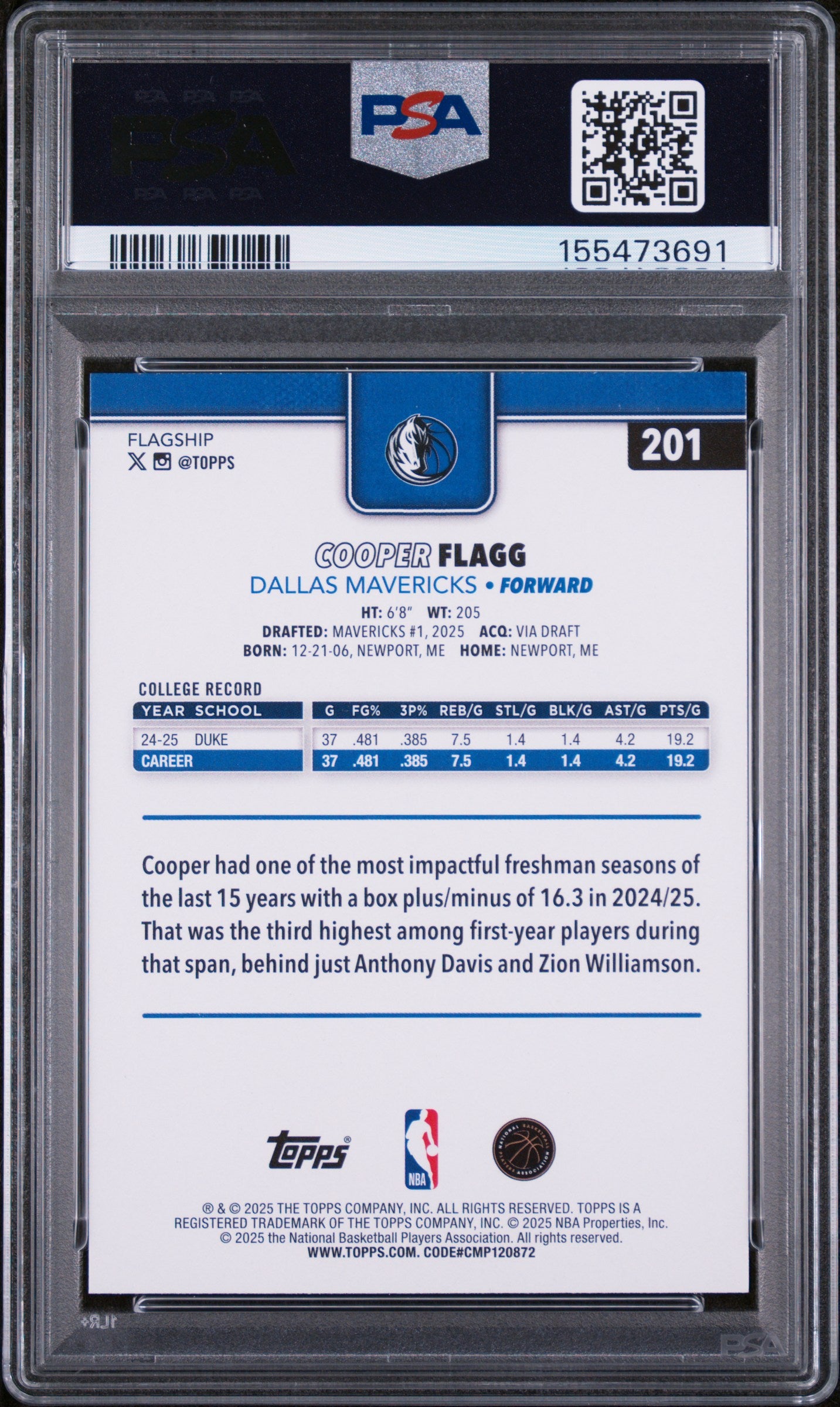 2025 TOPPS 201 COOPER FLAGG PSA 9 - back