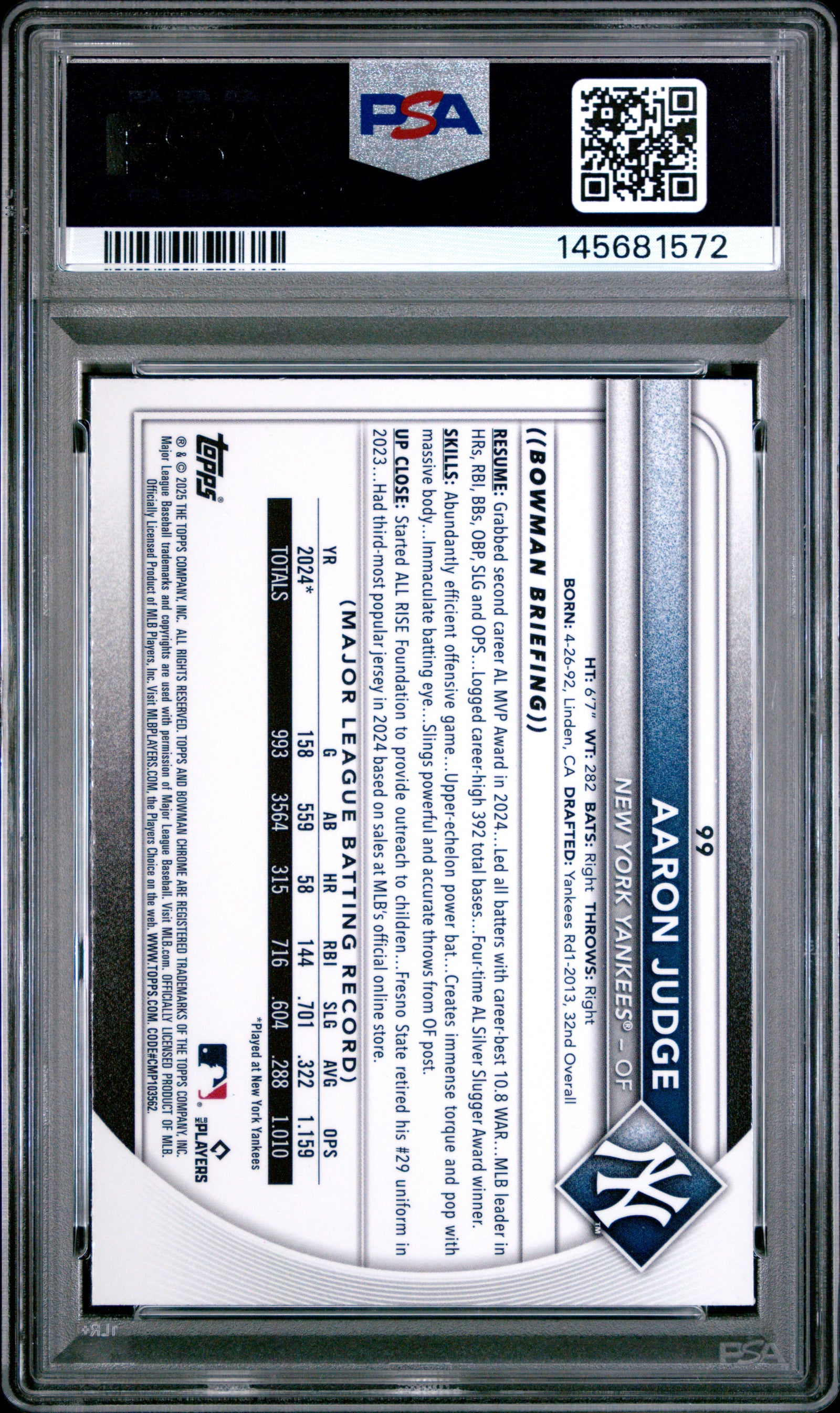 2025 Bowman Mega Box Chrome 99 Aaron Judge PSA 9