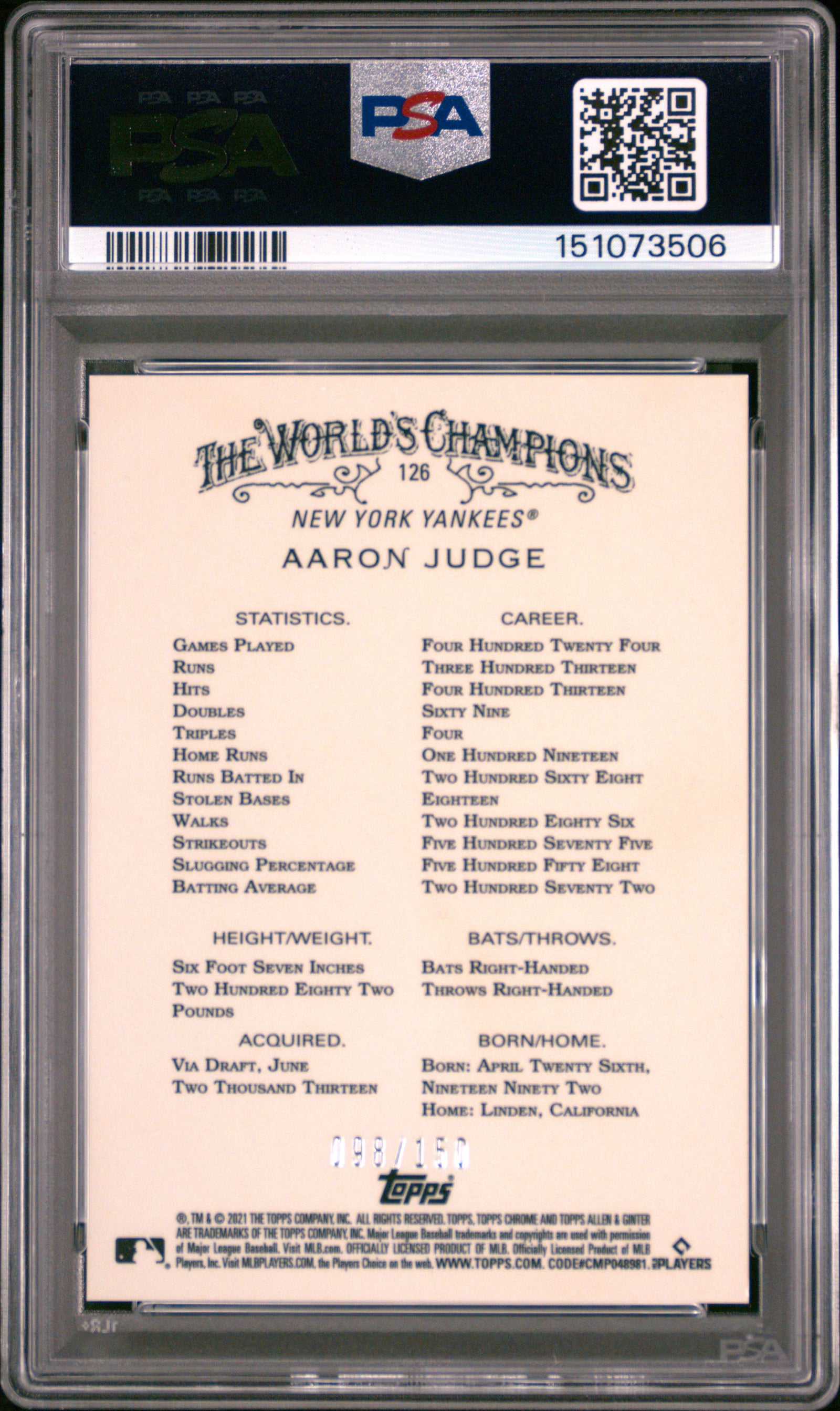 2021 Topps Allen & Ginter Chrome 126 Aaron Judge Blue Refractor PSA 10