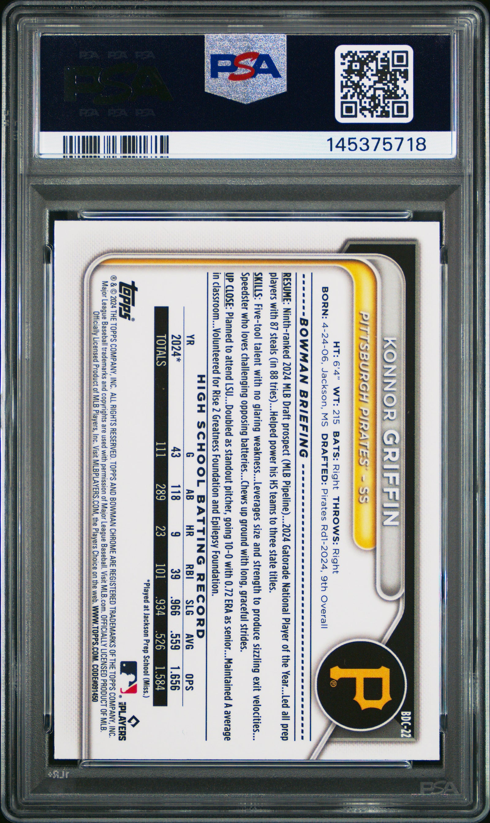 2024 Bowman Draft Bdc22 Konnor Griffin Chrome PSA 10