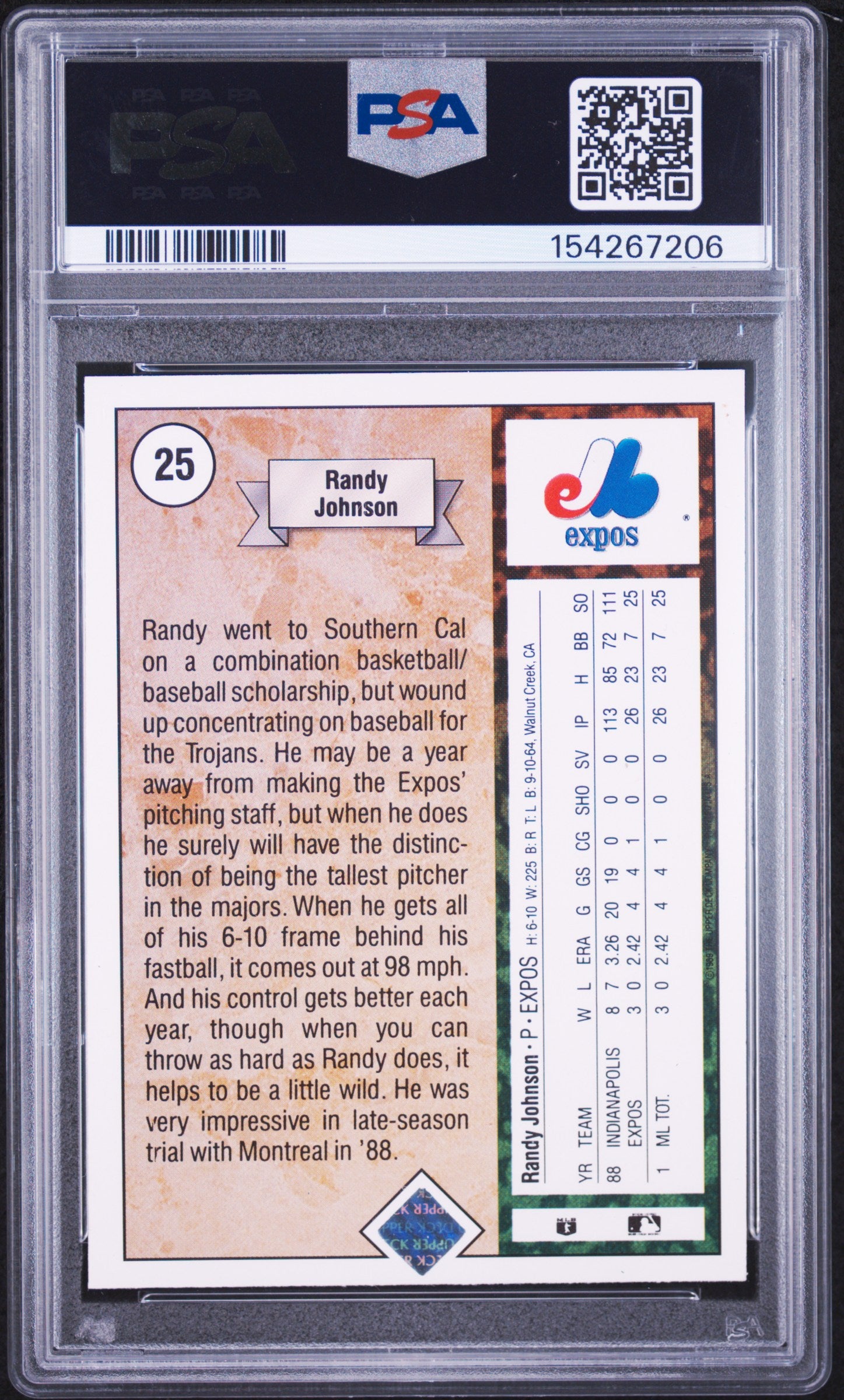 1989 UPPER DECK 25 RANDY JOHNSON STAR ROOKIE PSA 8 - back
