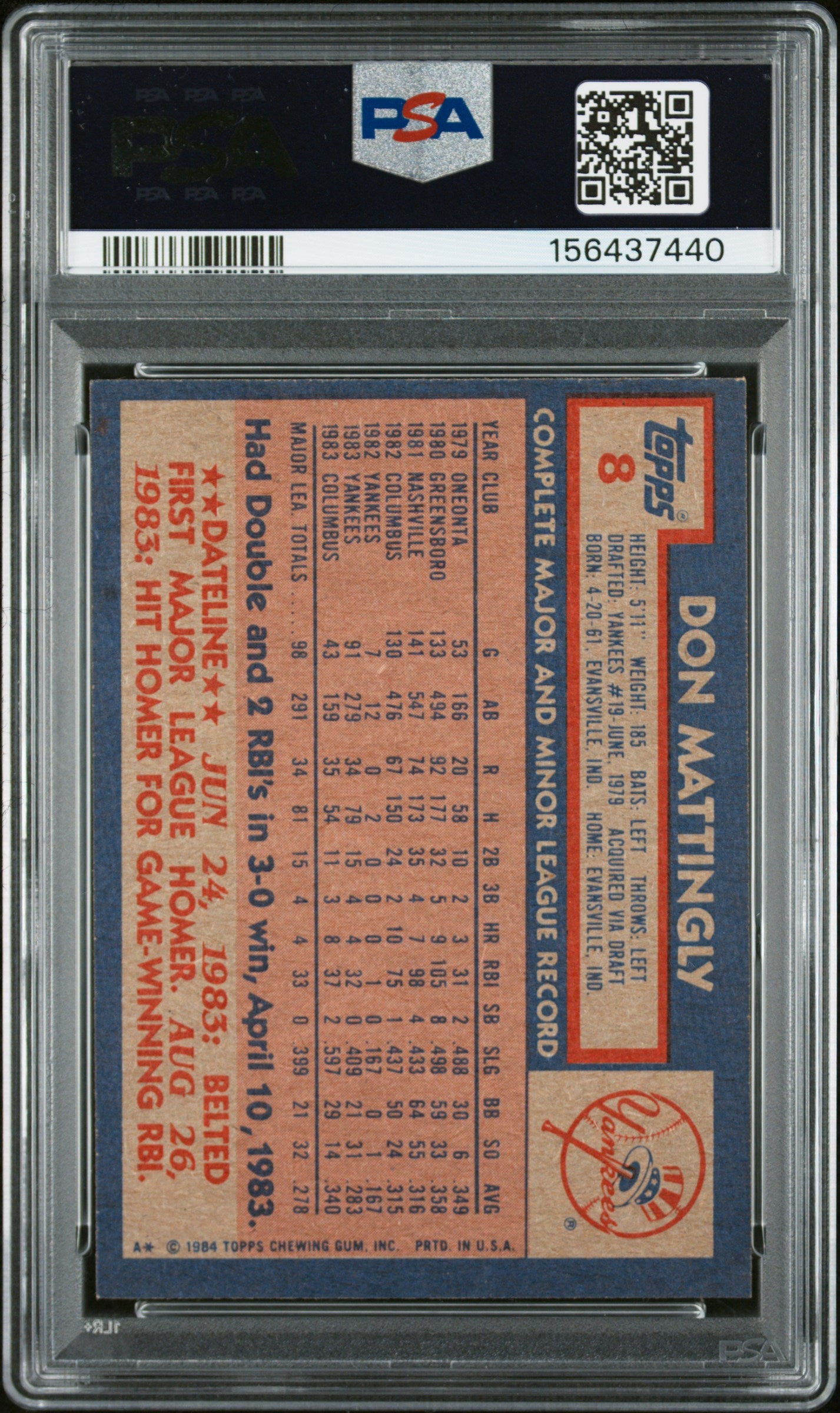 1984 TOPPS 8 DON MATTINGLY PSA 8 - back