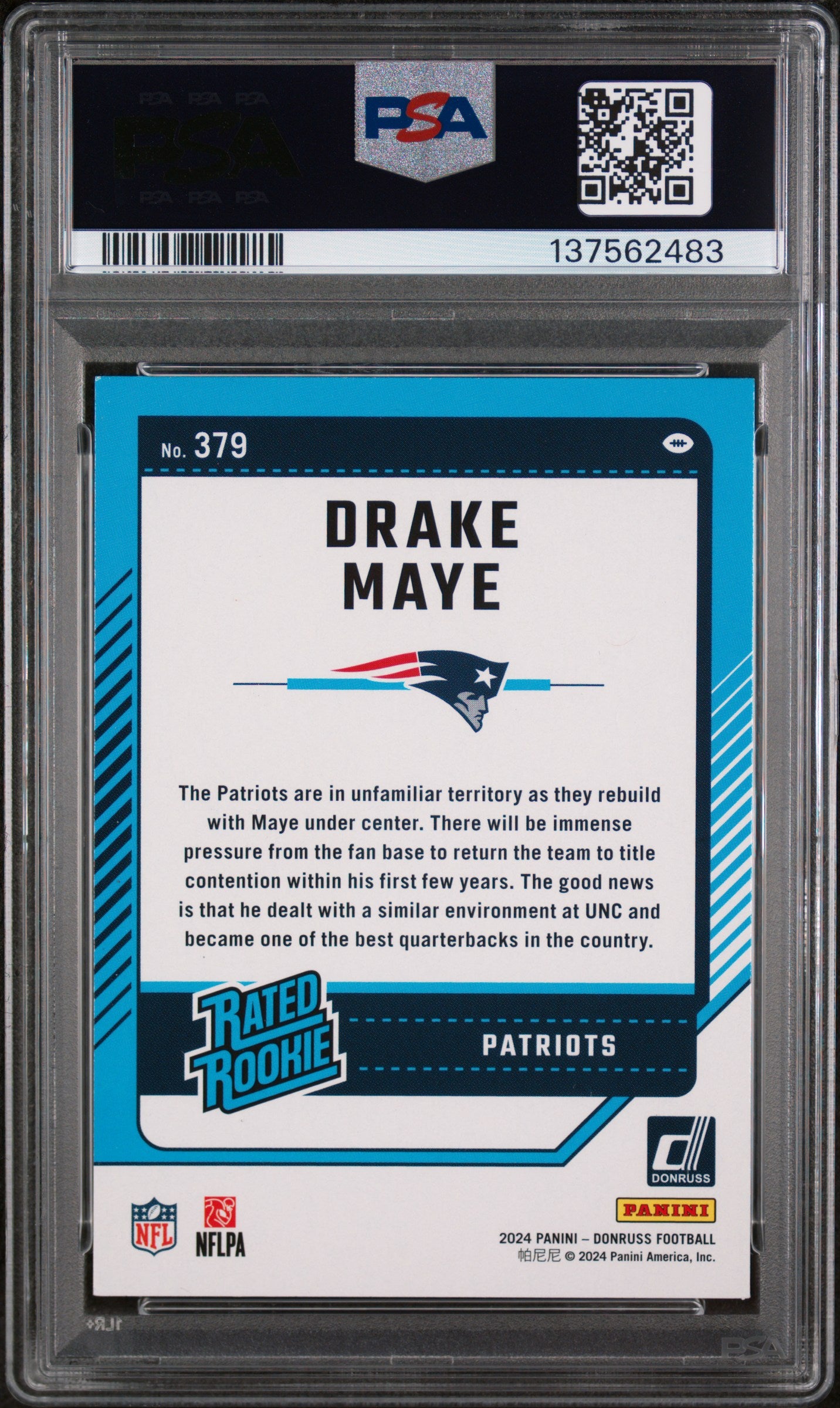 2024 Panini Donruss 379 Drake Maye Press Proof Purple PSA 7