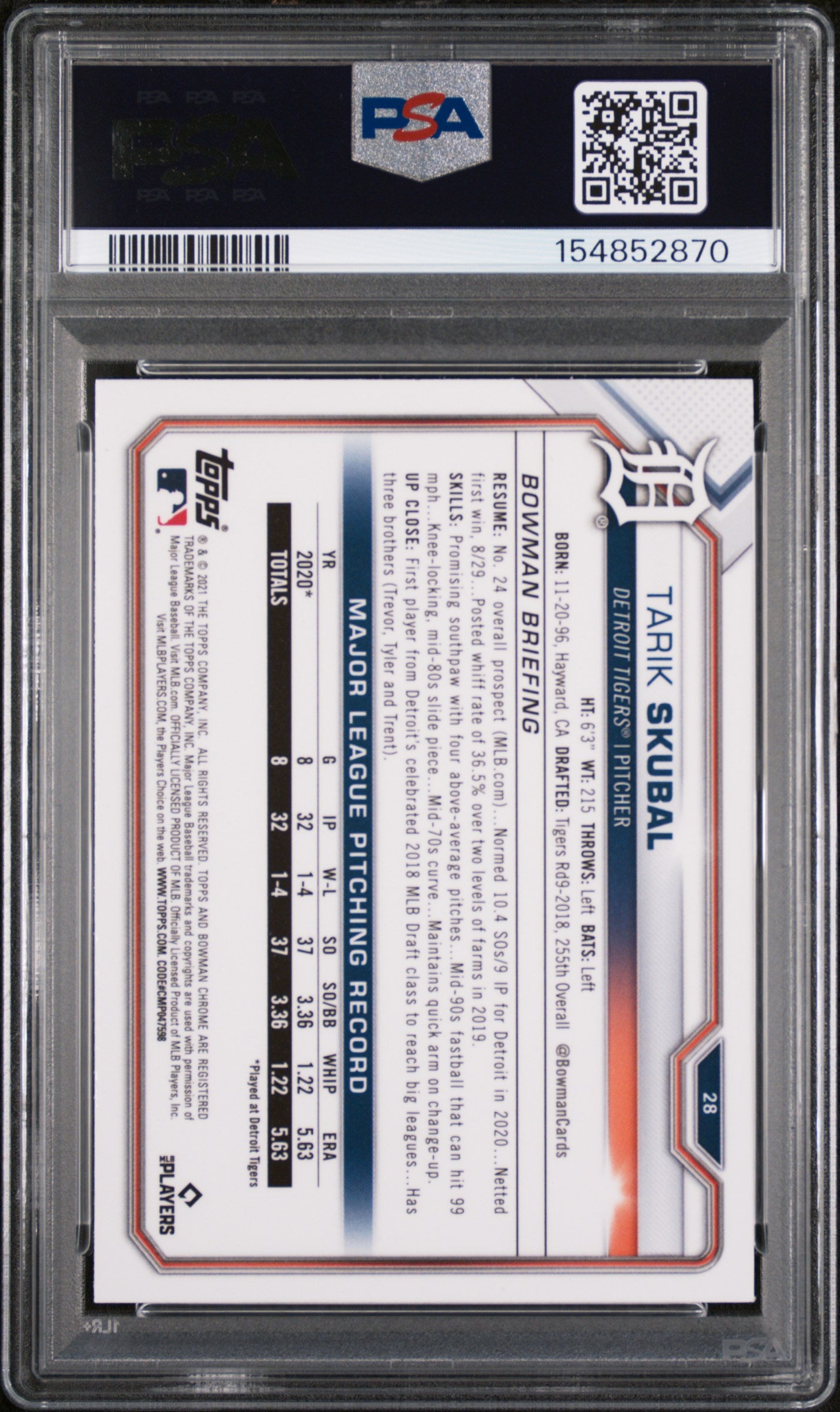 2021 BOWMAN CHROME 28 TARIK SKUBAL PSA 10 - back