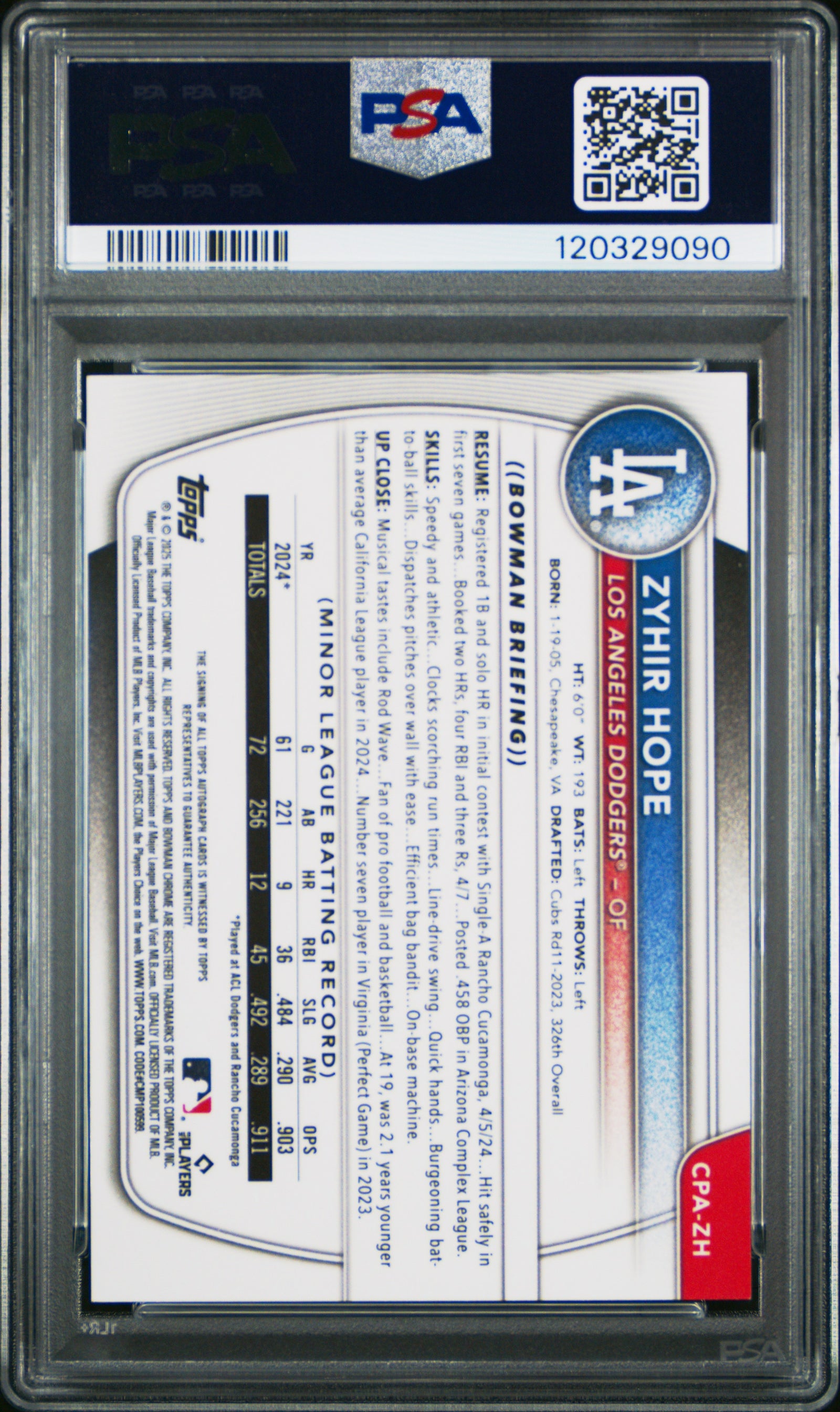 2025 Bowman Chrome Zyhir Hope Prospect Autographs Speckle Refractor PSA 9