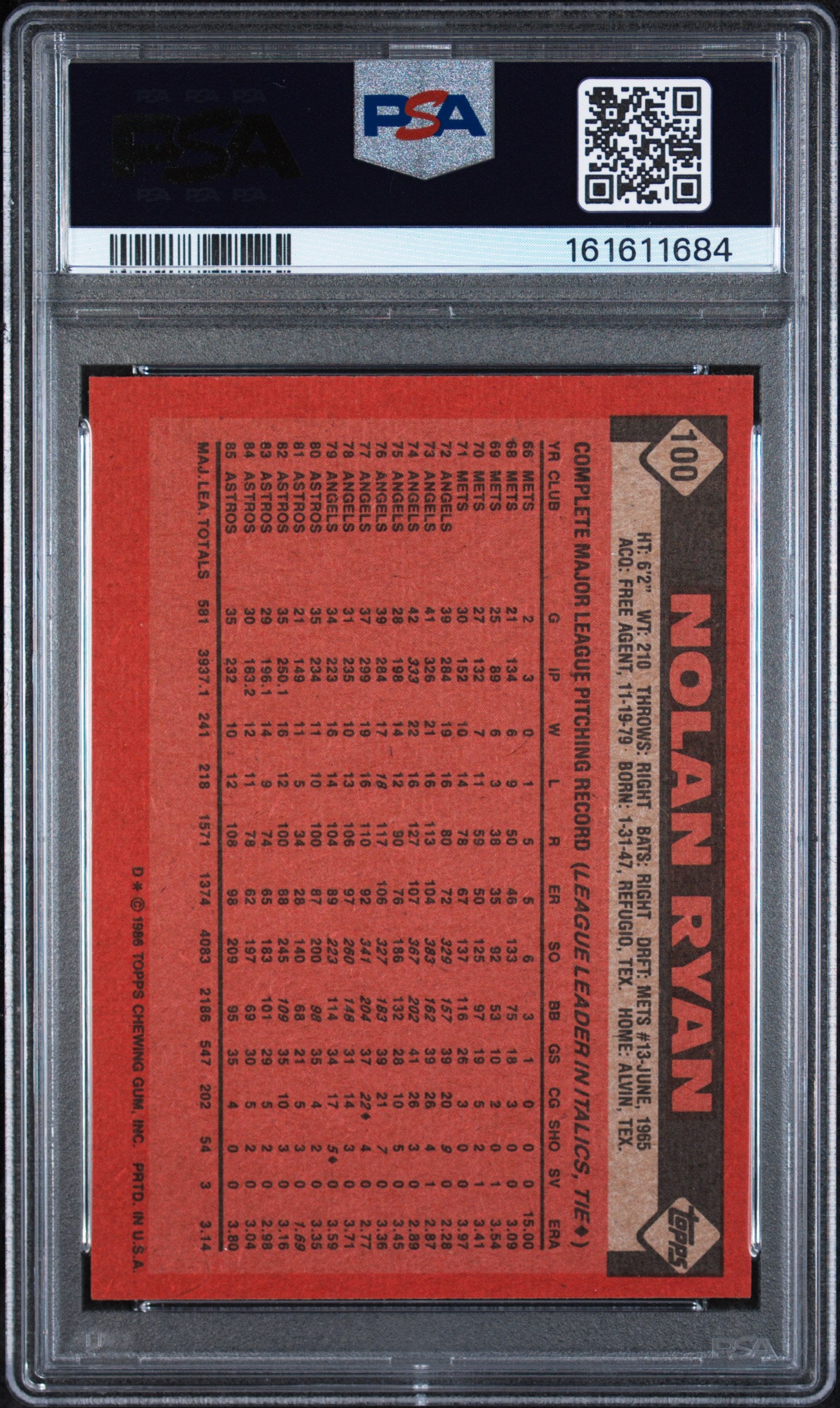 1986 TOPPS 100 NOLAN RYAN PSA 7 - back