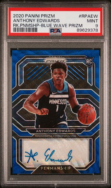 2020 Panini Prizm Rookie Penmanship Anthony Edwards Blue Wave Prizm, graded PSA 9
