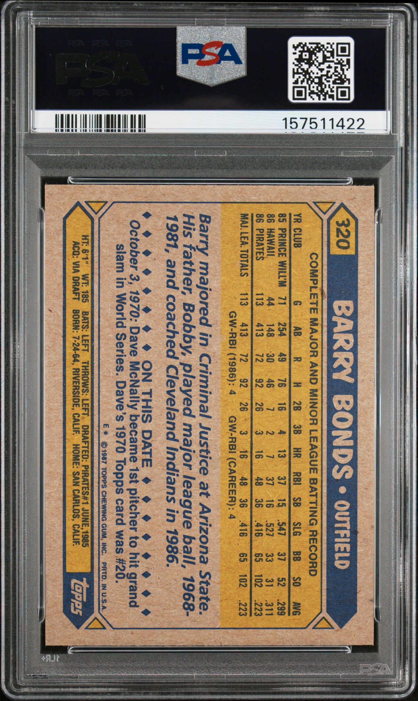 1987 TOPPS 320 BARRY BONDS PSA 9 - back