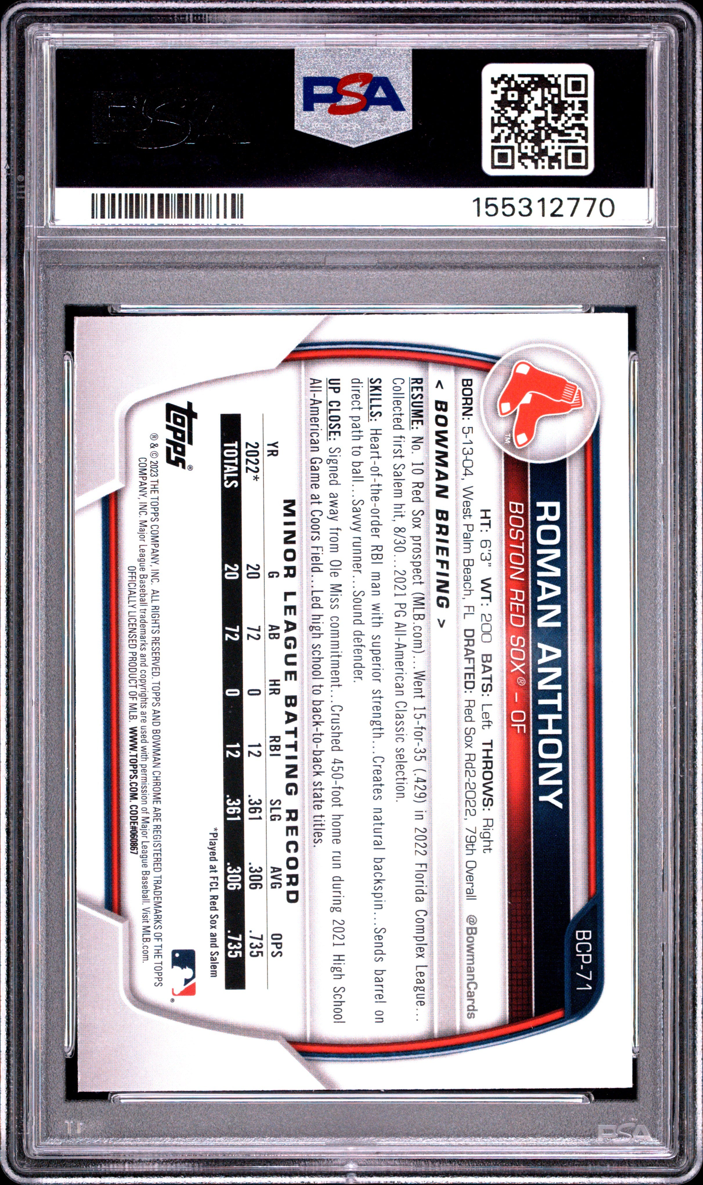 2023 BOWMAN MEGA BOX CHROME 71 ROMAN ANTHONY PSA 10 - back