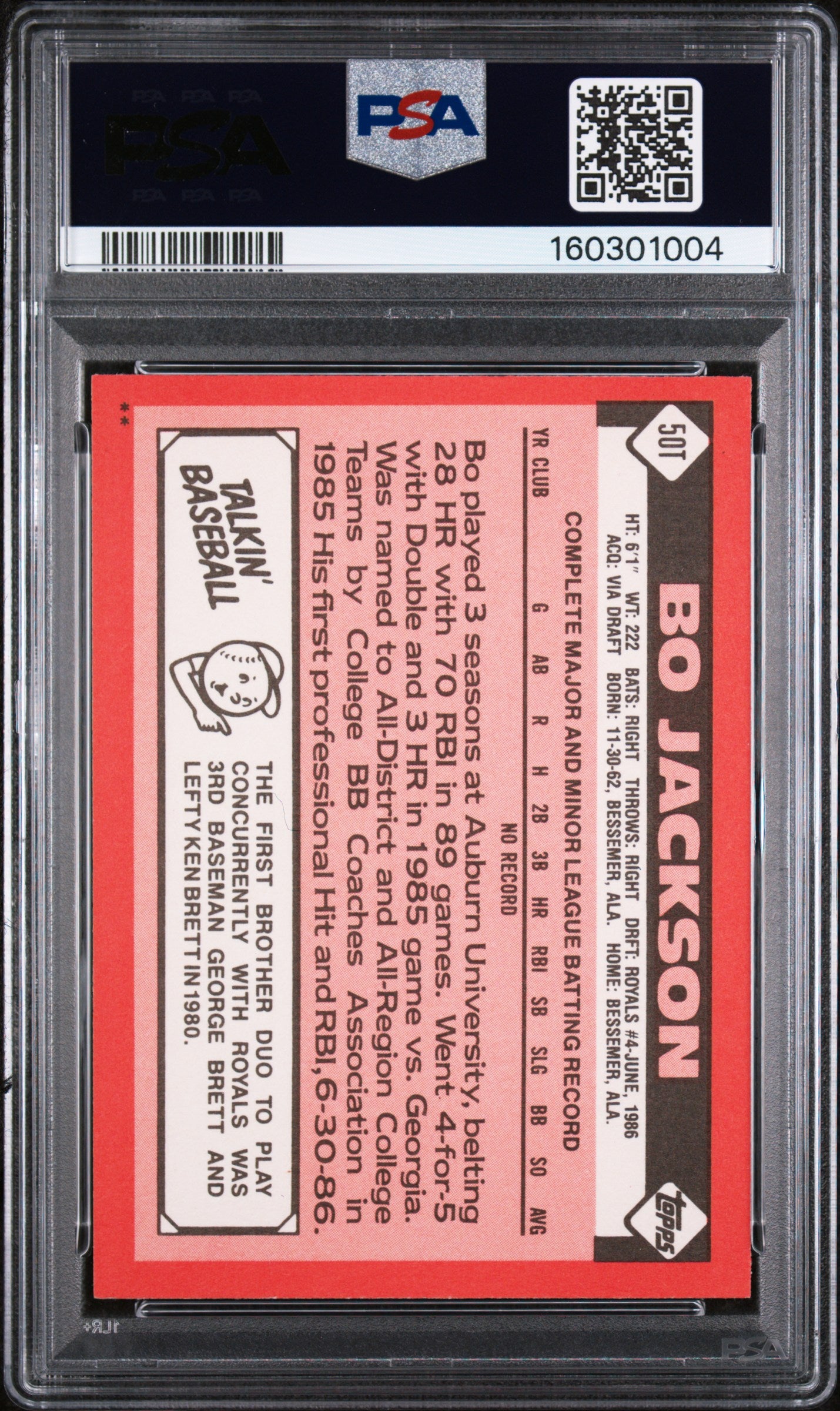 1986 TOPPS TRADED 50T BO JACKSON PSA 7 - back