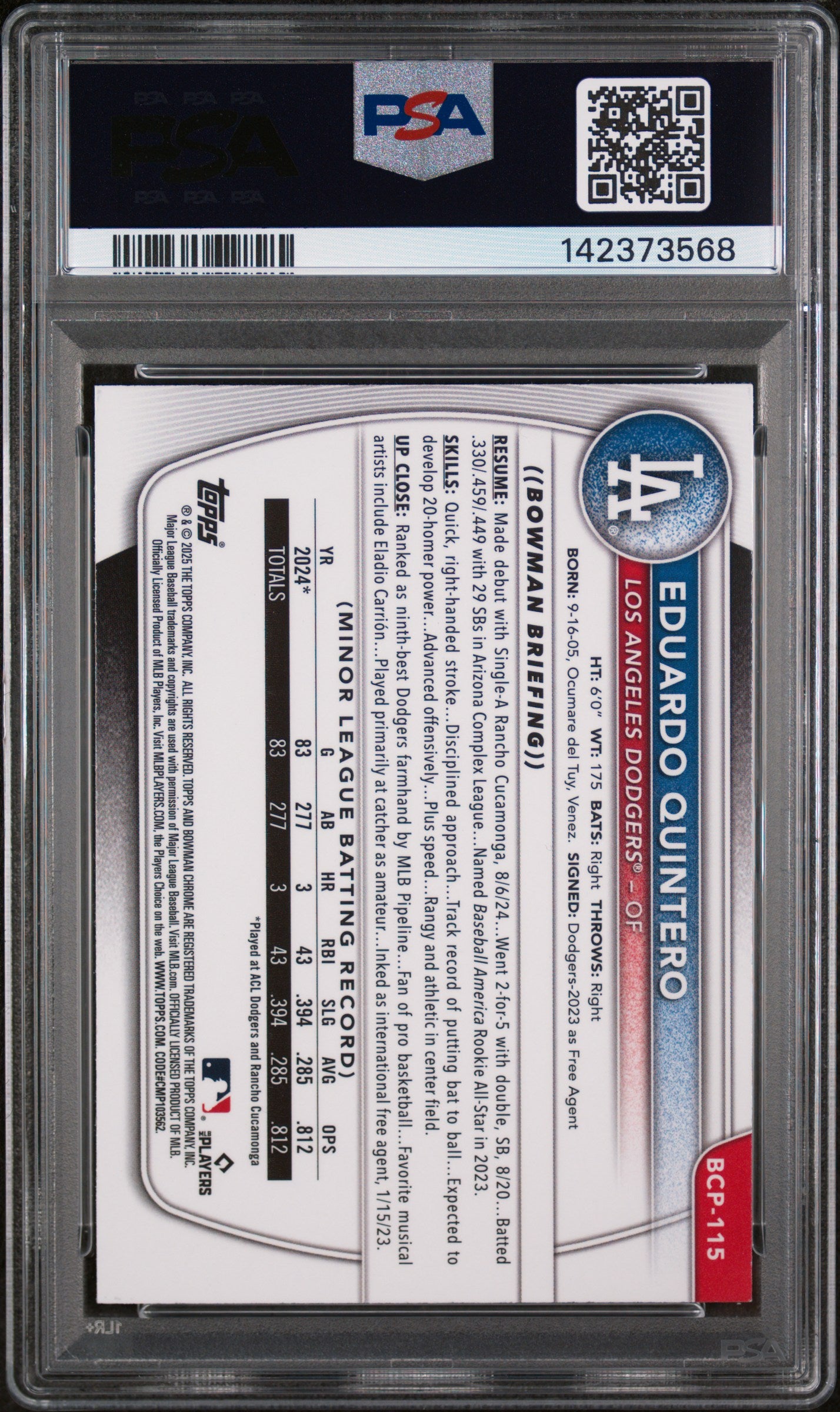 2025 Bowman Mega Box Chrome Prospects 115 Eduardo Quintero PSA 9