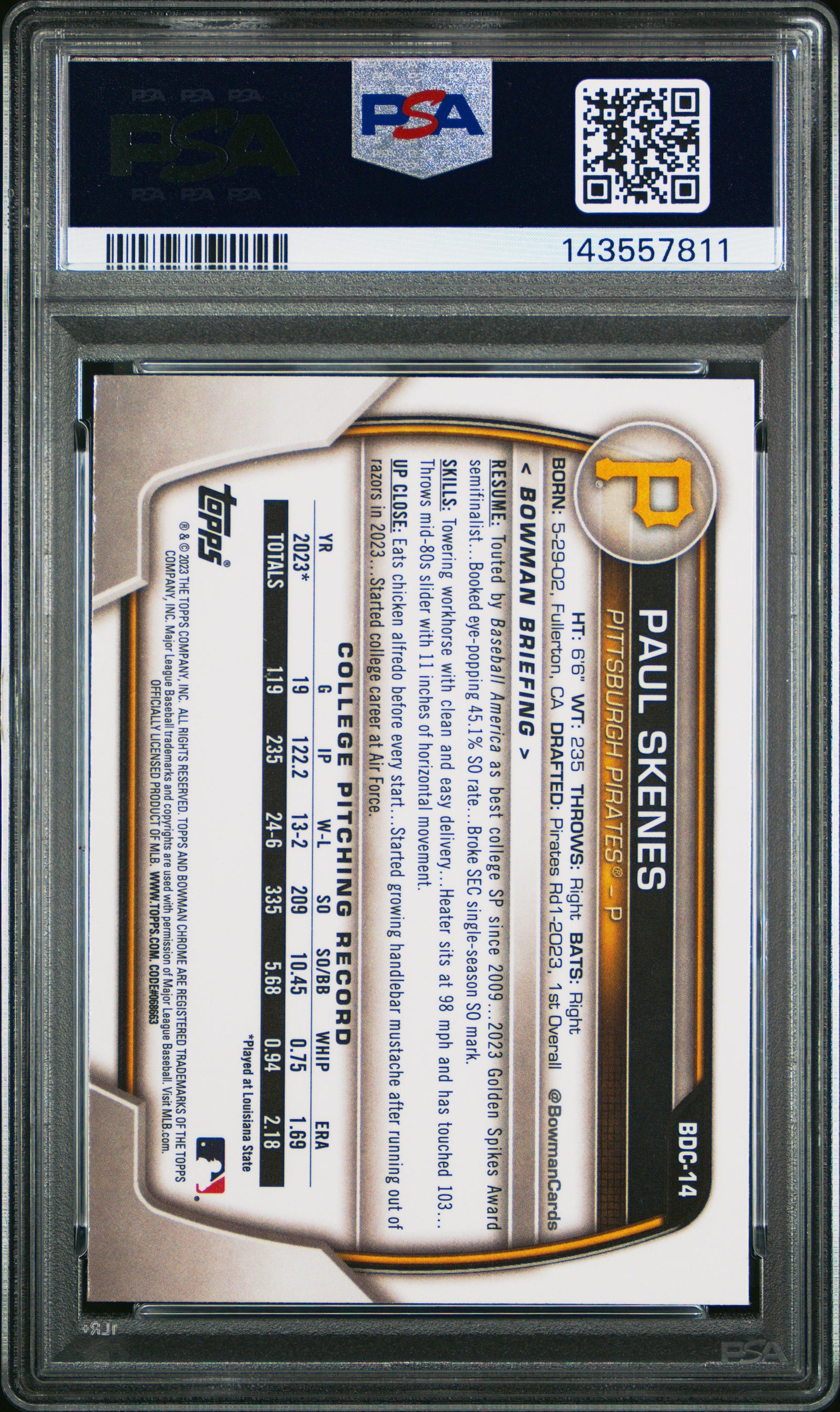 2023 Bowman Draft Paul Skenes Chrome PSA 7