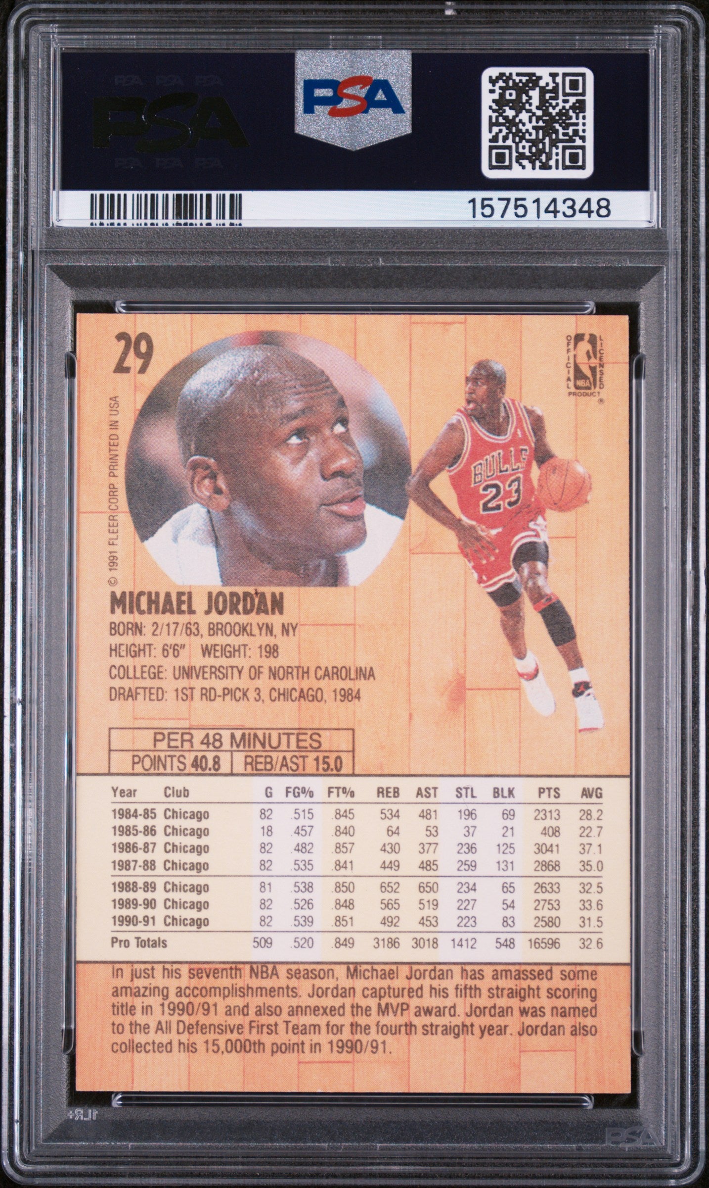 1991 FLEER 29 MICHAEL JORDAN PSA 7 - back