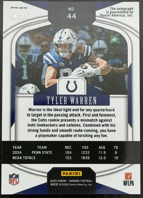 2025 Panini Honors Tyler Warren Auto /25