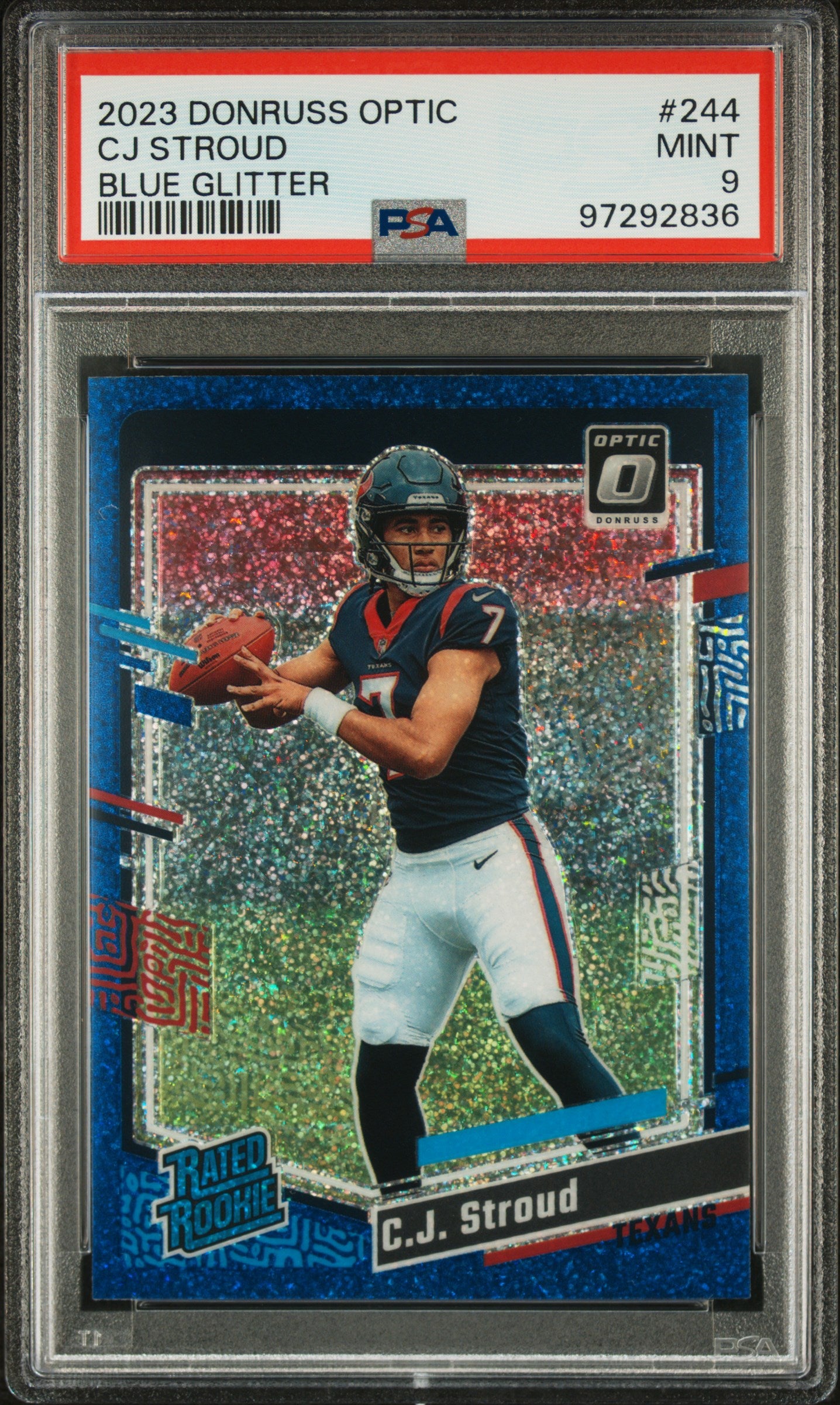2023 PANINI DONRUSS OPTIC 244 CJ STROUD BLUE GLITTER PSA 9 - front