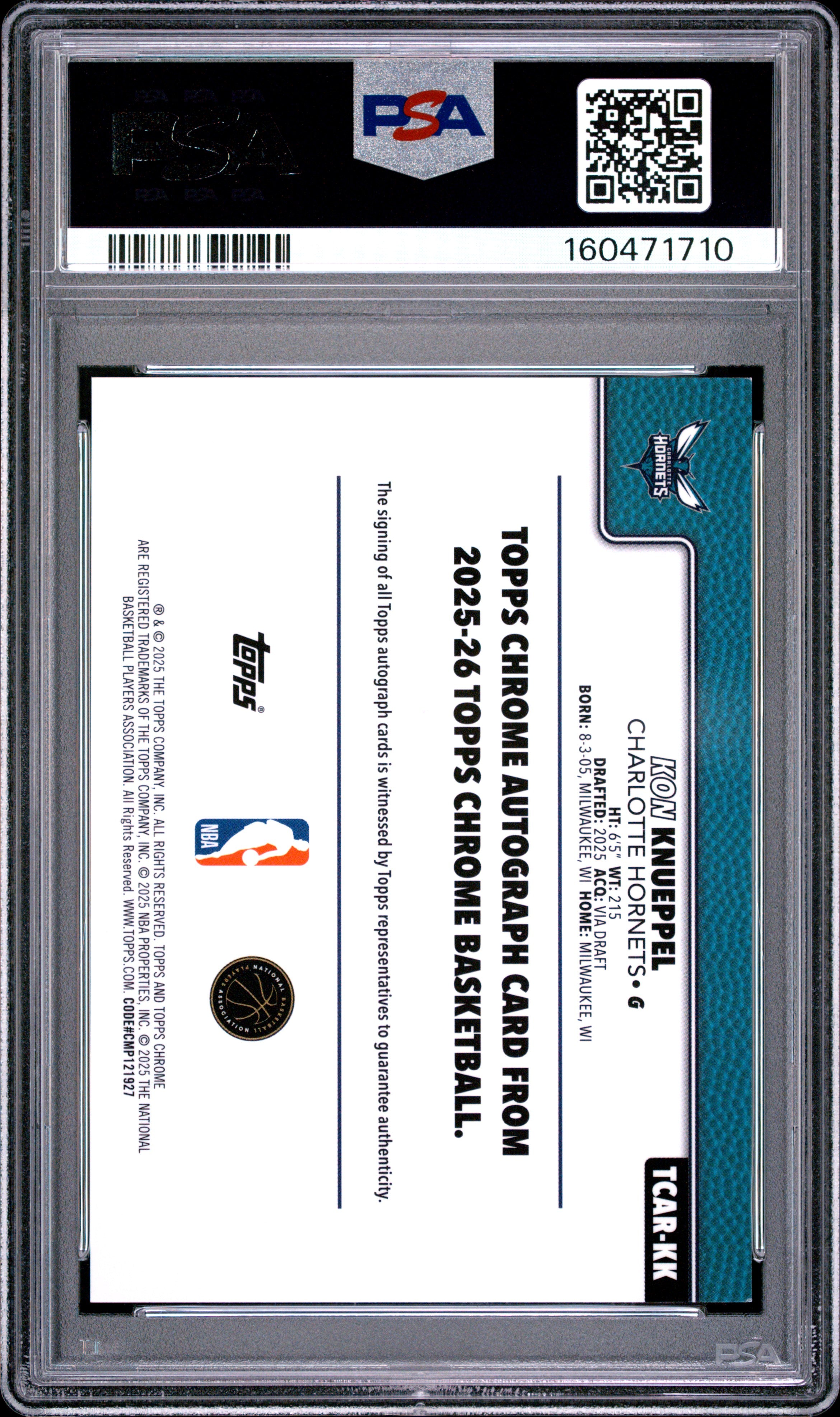 2025 TOPPS CHROME CHROME ROOKIE AUTOGRAPHS TCAR-KK KON KNUEPPEL PSA 8 - back