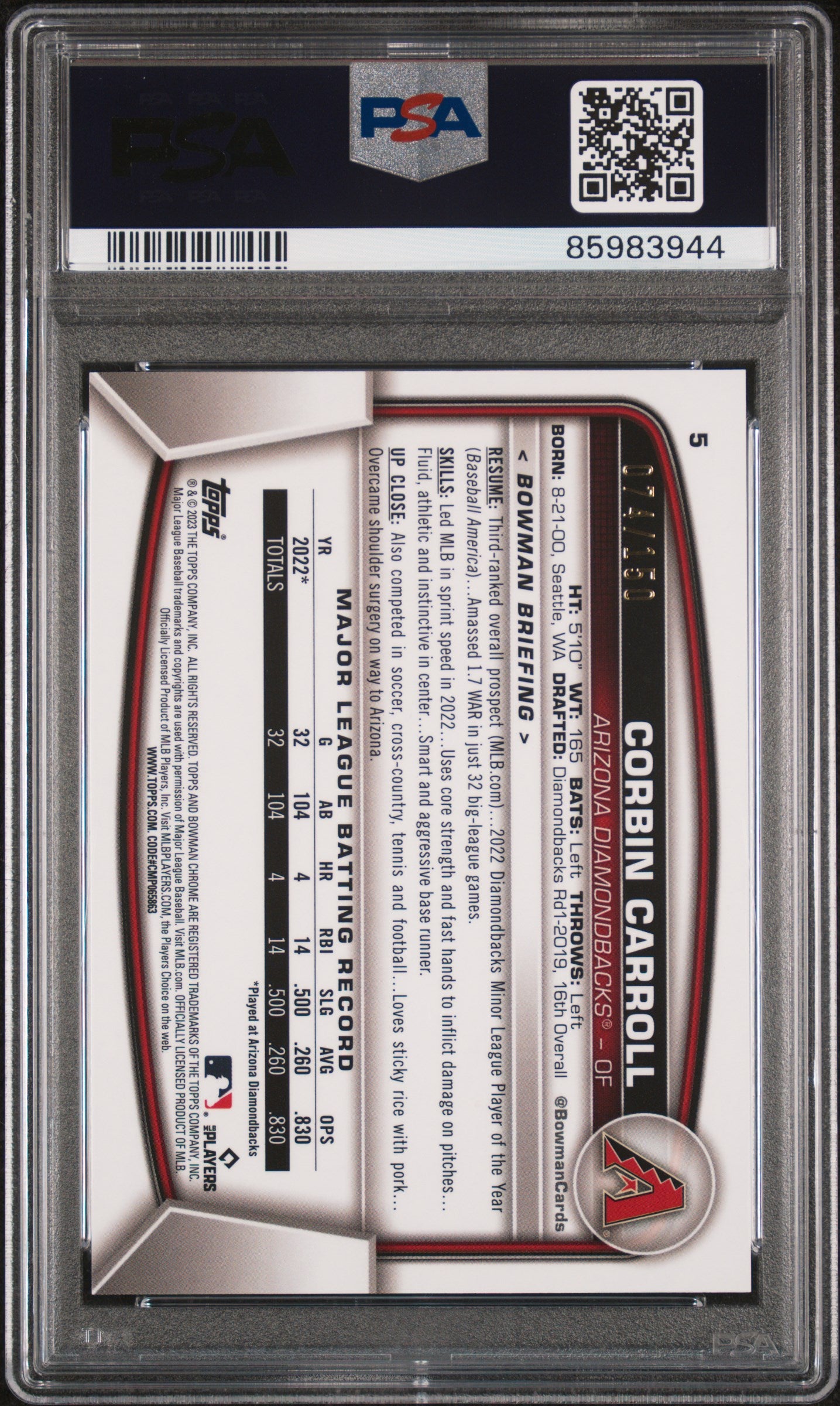 2023 Bowman Chrome 5 Corbin Carroll Blue Refractor PSA 10