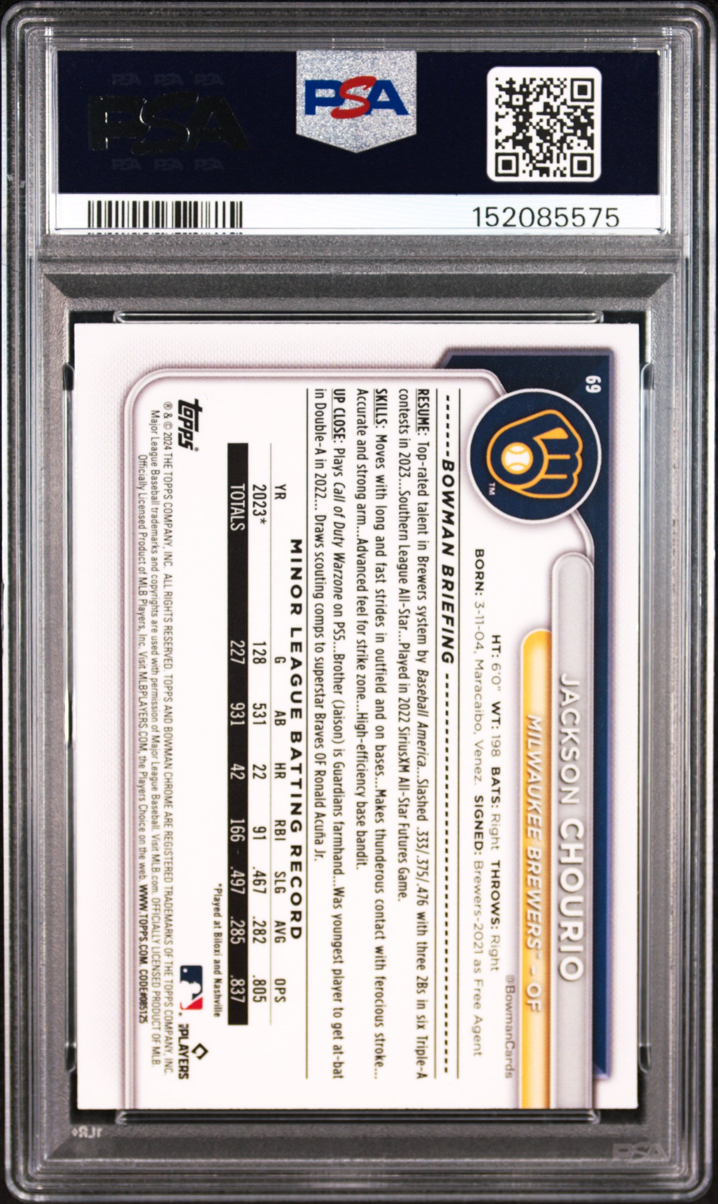 2024 BOWMAN CHROME 69 JACKSON CHOURIO SP PSA 10 - back