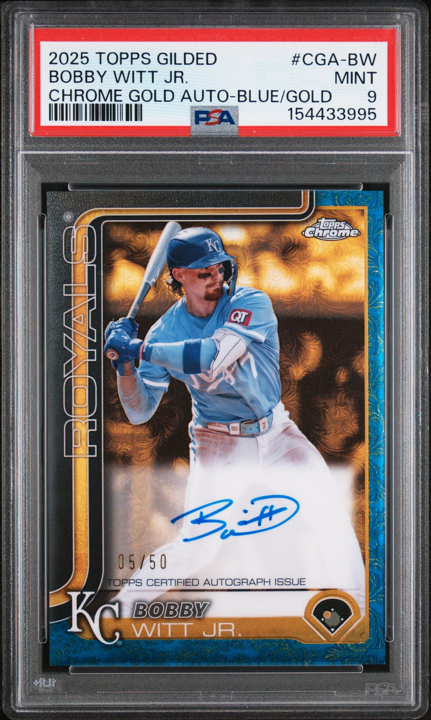 2025 TOPPS GILDED COLLECTION TOPPS CHROME GOLD AUTOGRAPHS CGA-BW BOBBY WITT JR. BLUE/GOLD PSA 9 - front