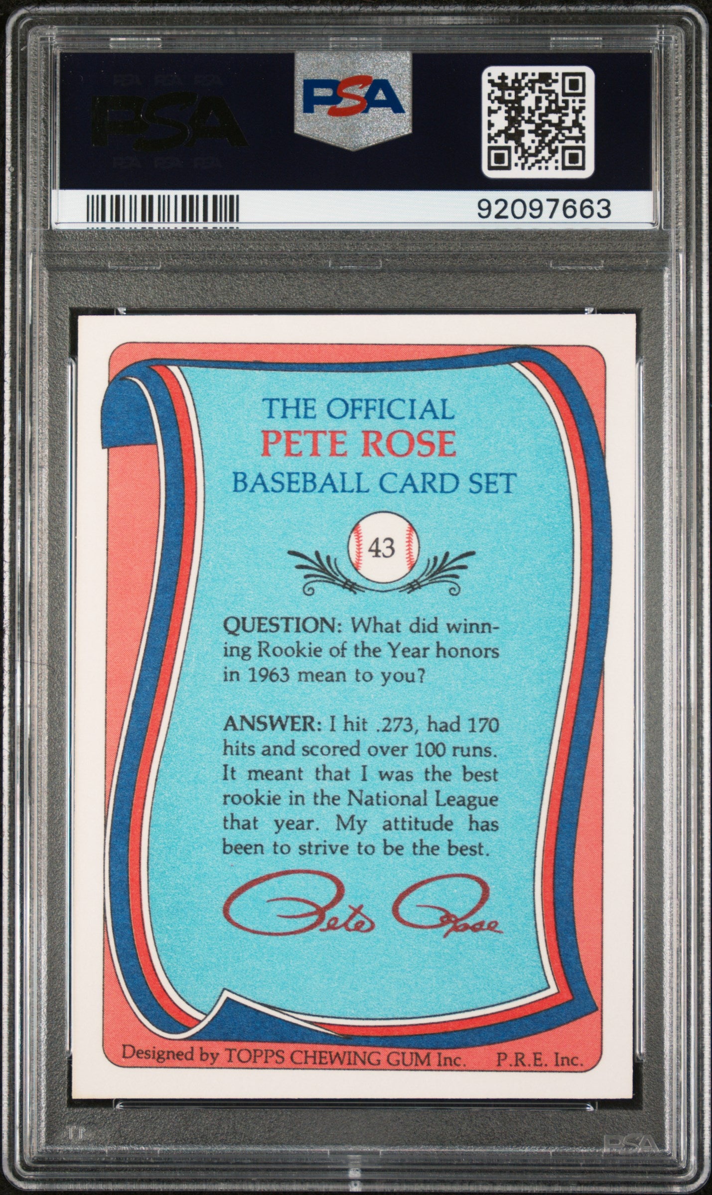 1986 TOPPS PETE ROSE SET 43 PETE ROSE PSA 9 - back