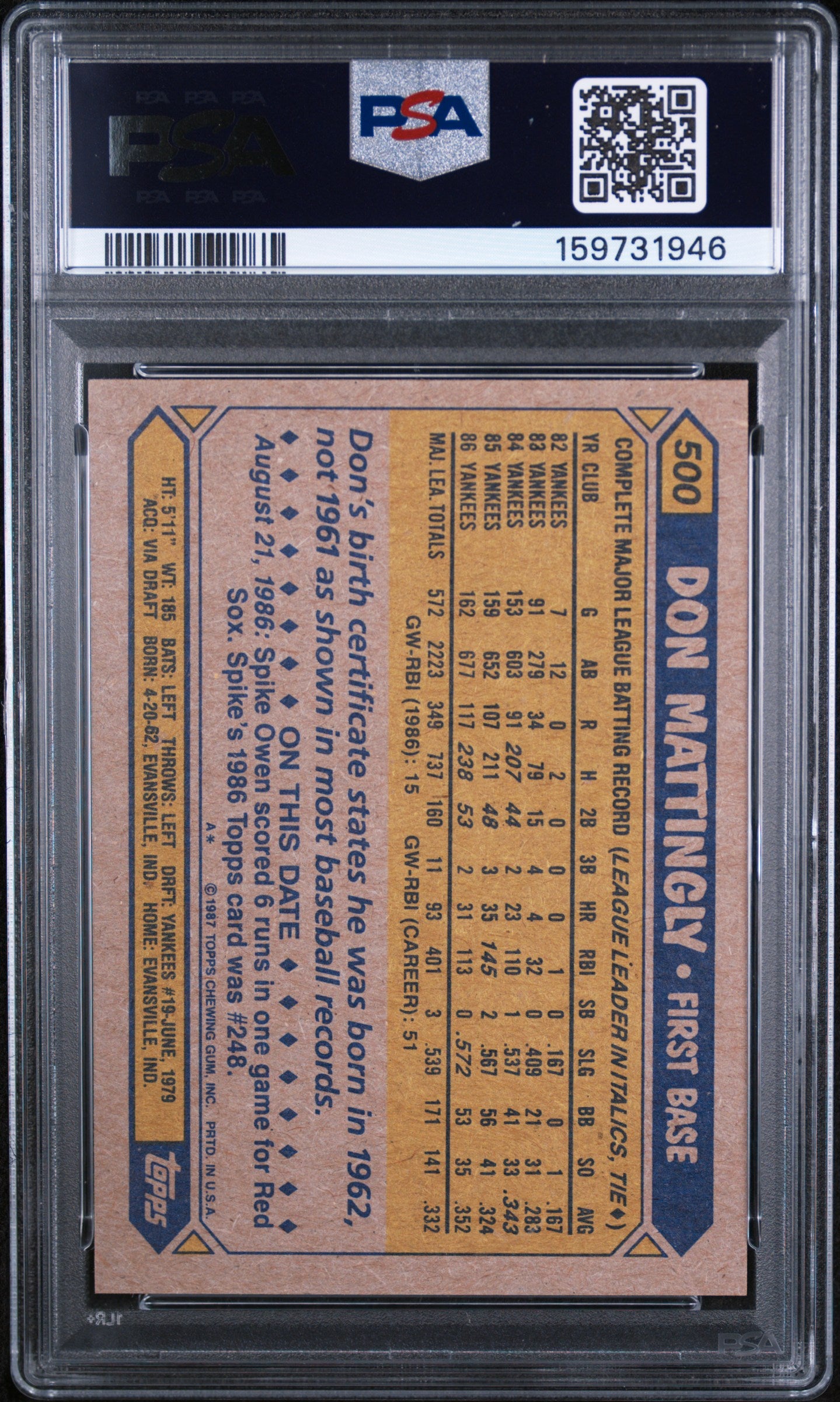 1987 TOPPS 500 DON MATTINGLY PSA 9 - back