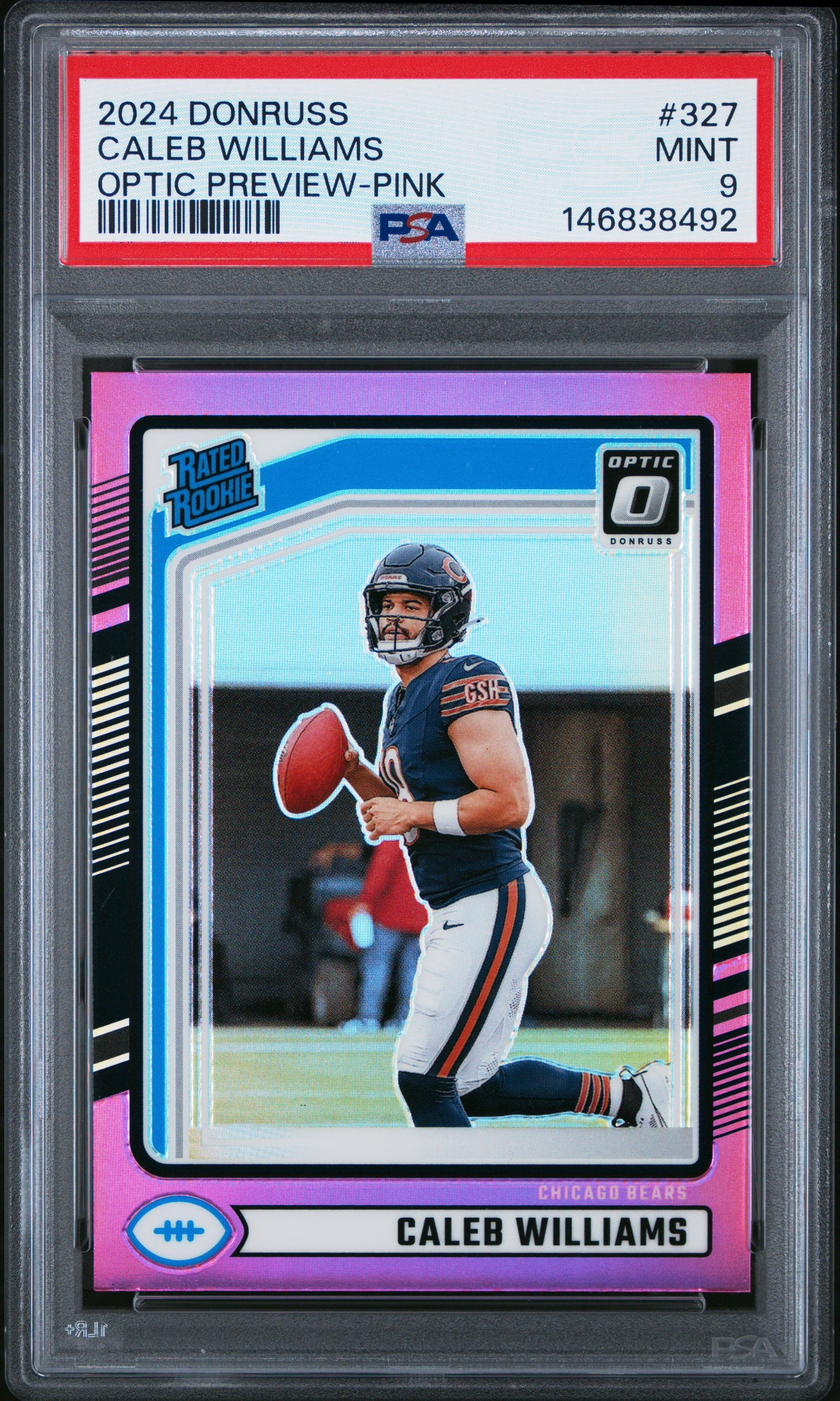 2024 Panini Donruss 327 Caleb Williams Optic Preview-Pink PSA 9