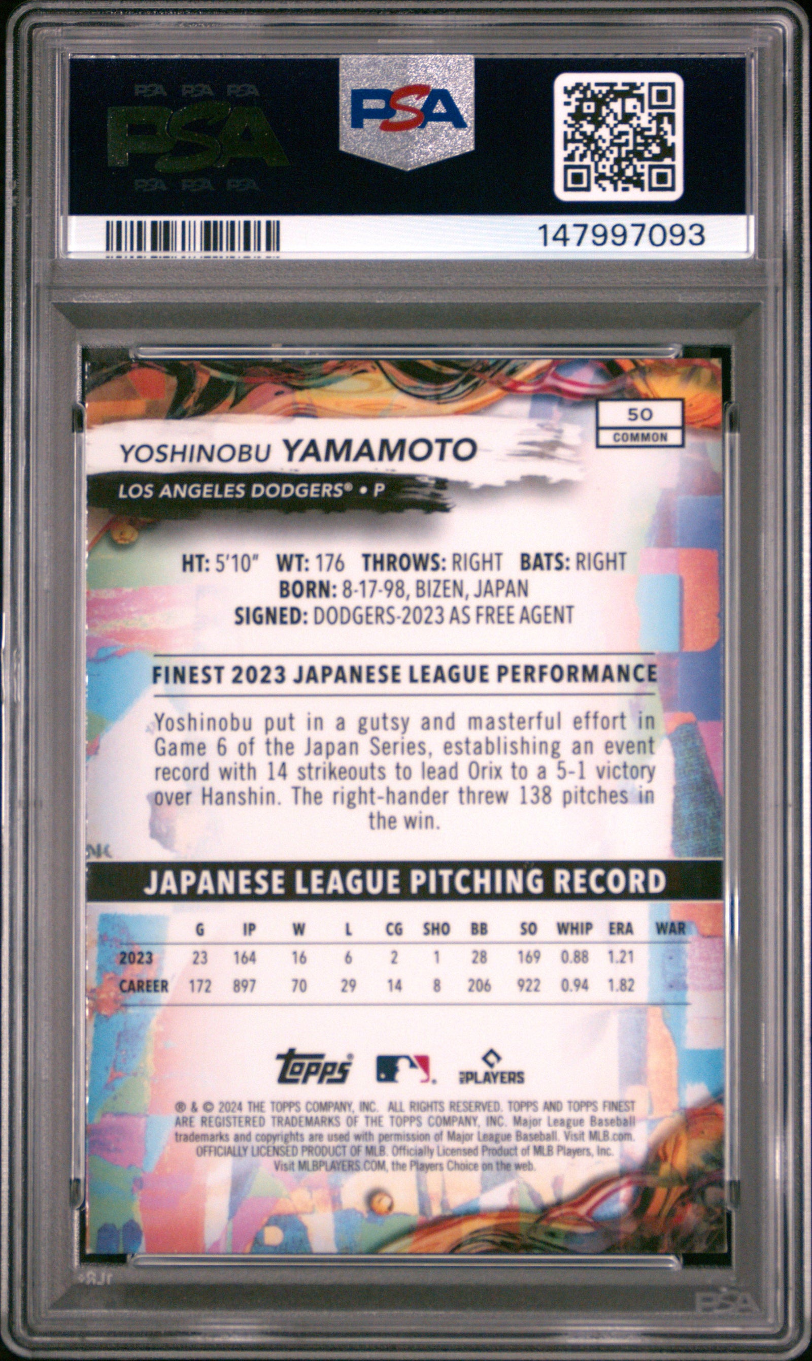 2024 Topps Finest 50 Yoshinobu Yamamoto  PSA 8