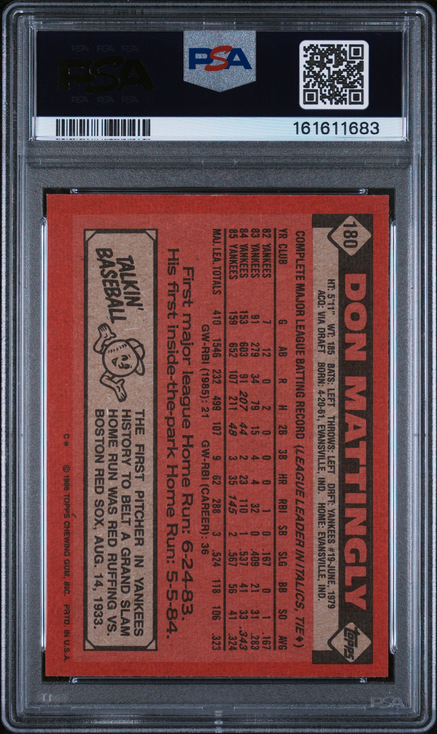 1986 TOPPS 180 DON MATTINGLY PSA 8 - back