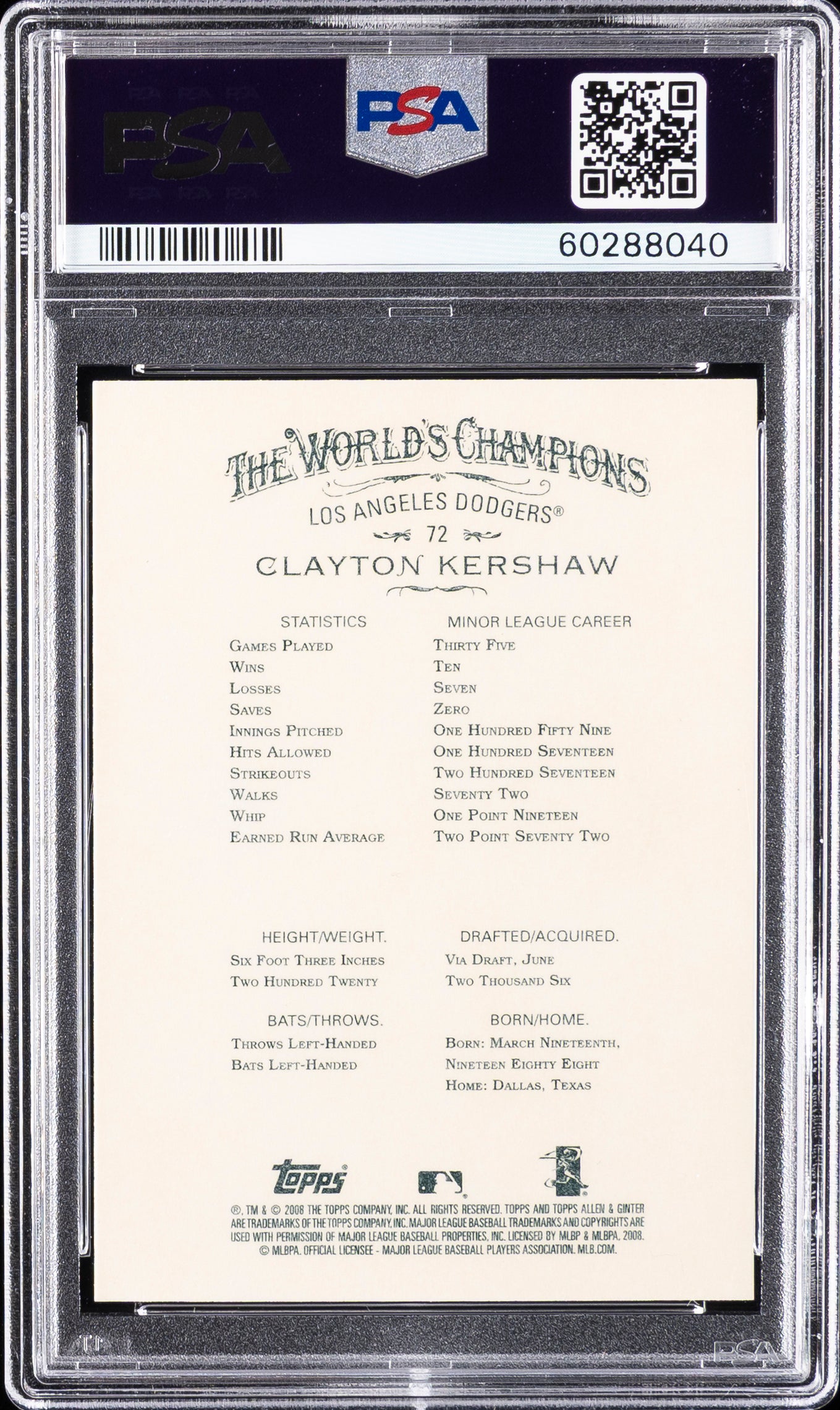 2008 Topps Allen & Ginter 72 Clayton Kershaw  PSA 10