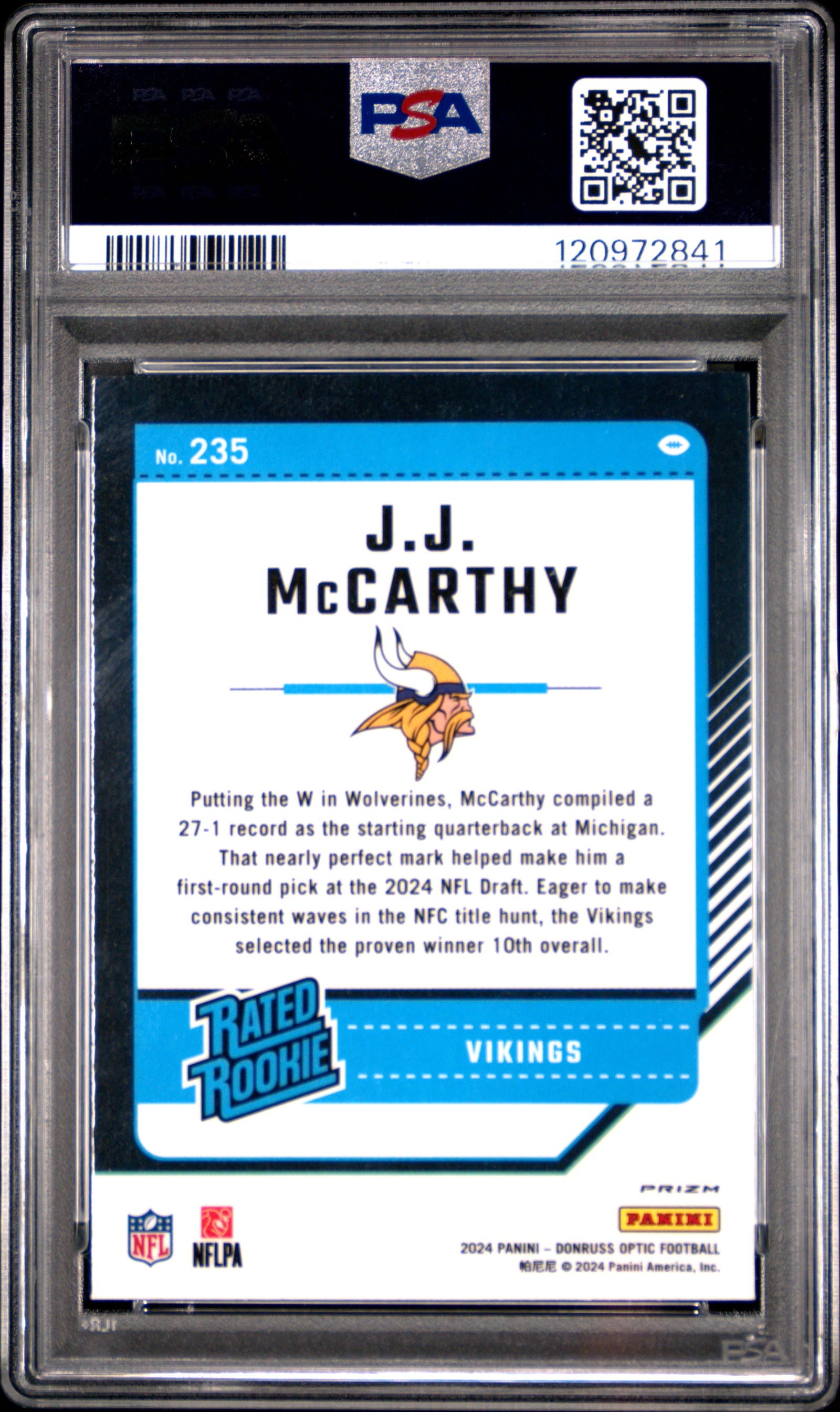 2024 Panini Donruss Optic JJ Mccarthy RC Red Hyper PSA 9