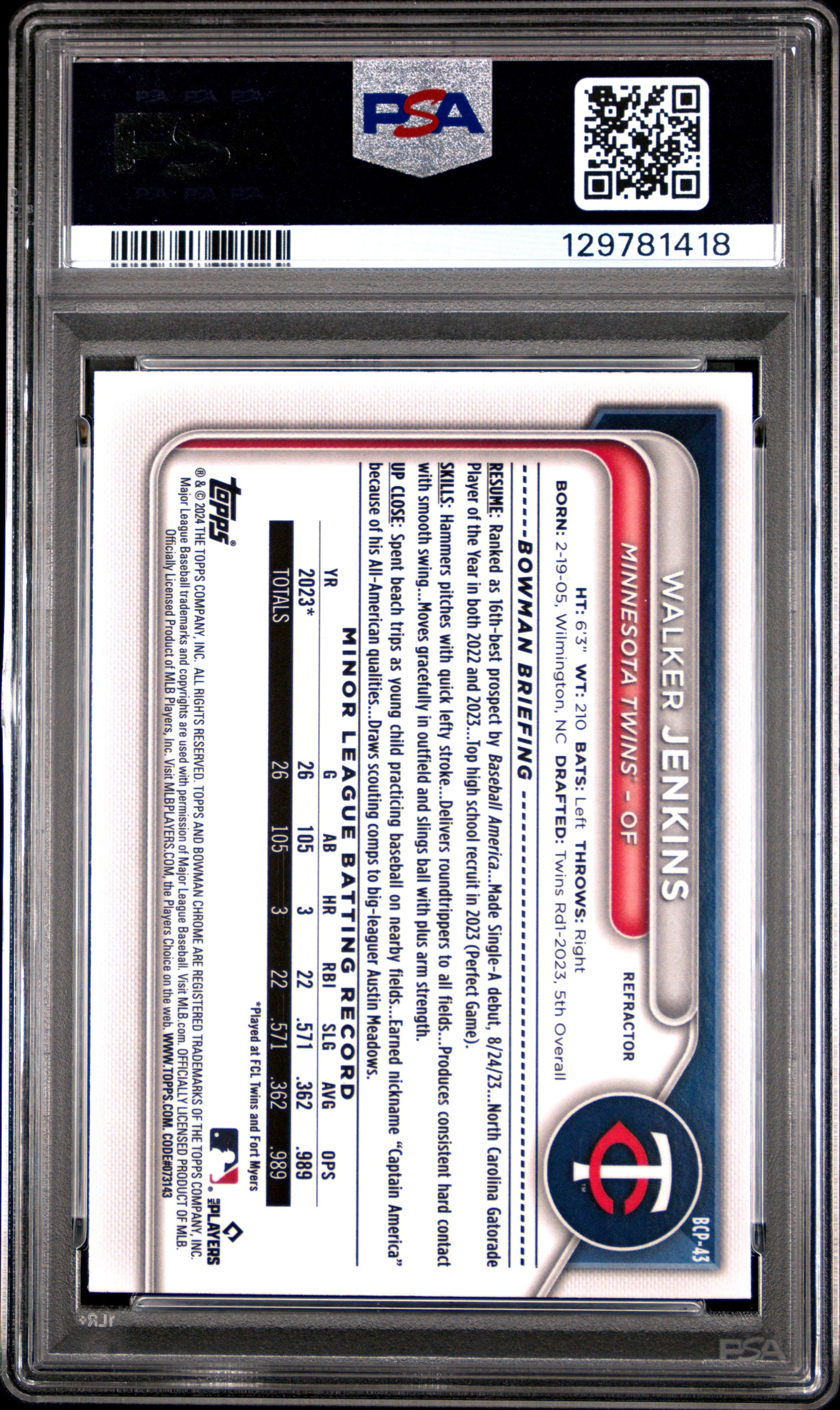 2024 Bowman Chrome Prospects Bcp43 Walker Jenkins Refractor PSA 10