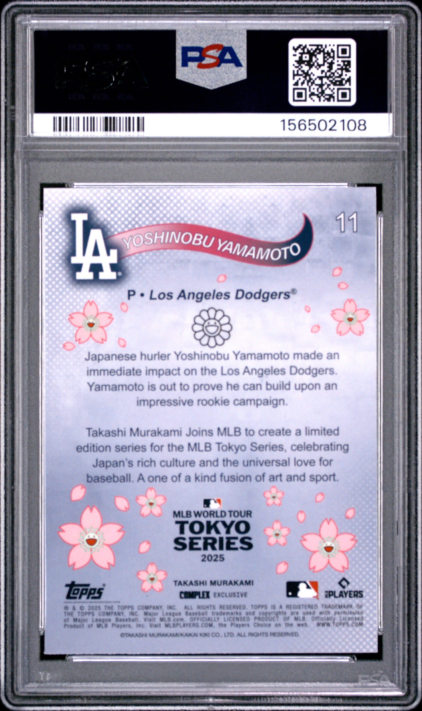 2025 TOPPS TAKASHI MURAKAMI + MLB WORLD TOUR TOKYO SERIES 11 YOSHINOBU YAMAMOTO PSA 9 - back