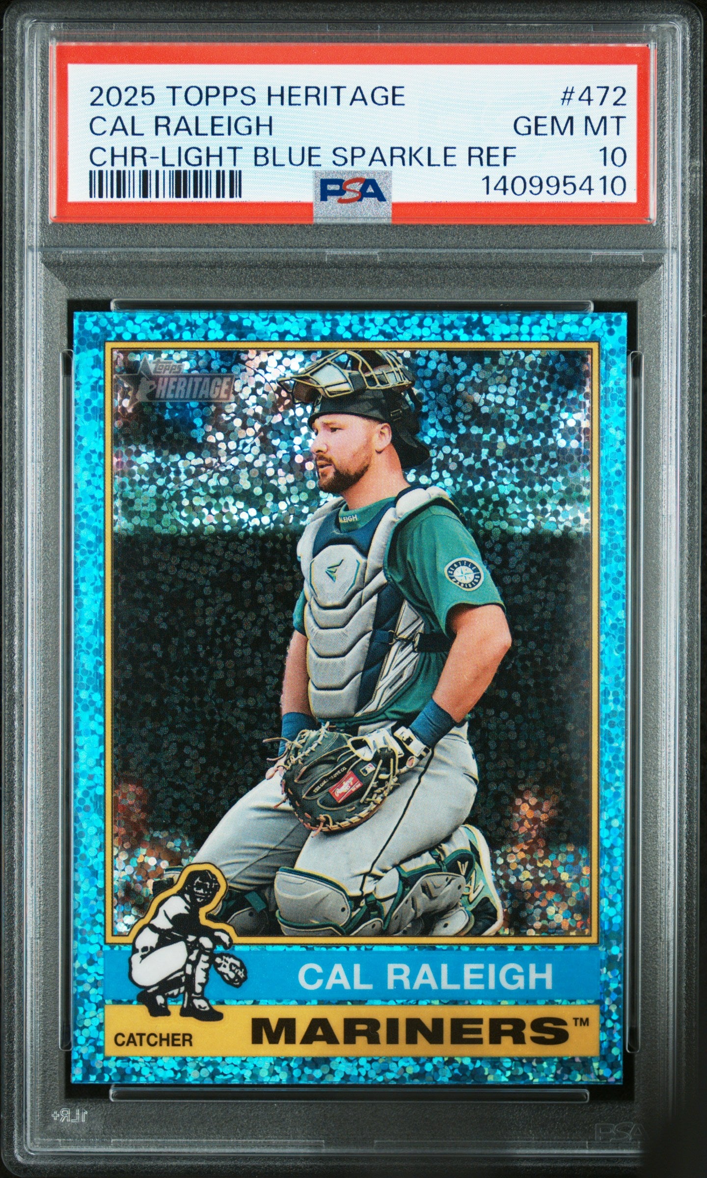 2025 Topps Heritage 472 Cal Raleigh Chrome-Light Blue Sparkle Refractor PSA 10