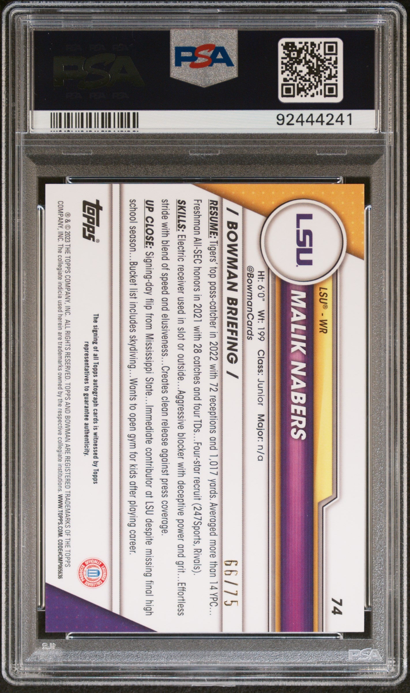 2023 Bowman University Chrome 74 Malik Nabers Autograph-Yellow Refractor PSA 9