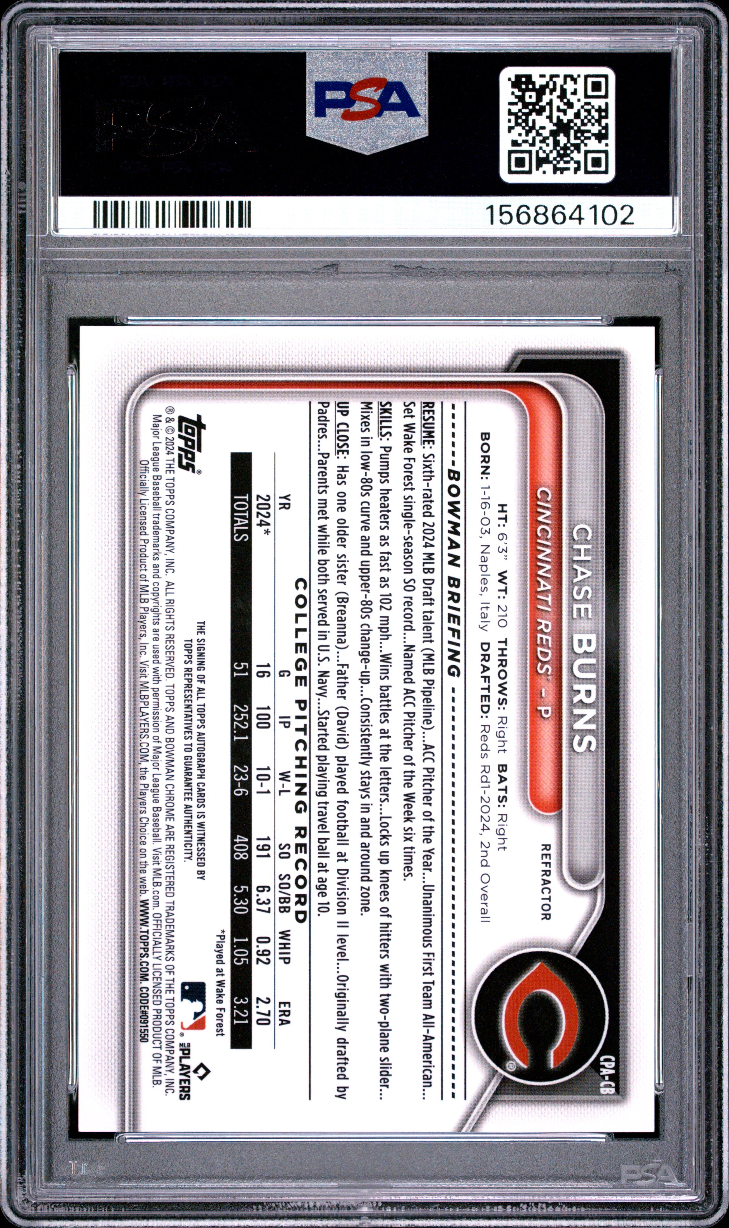 2024 BOWMAN DRAFT CHROME PROSPECT AUTOGRAPHS CPACB CHASE BURNS REFRACTOR PSA 8 - back