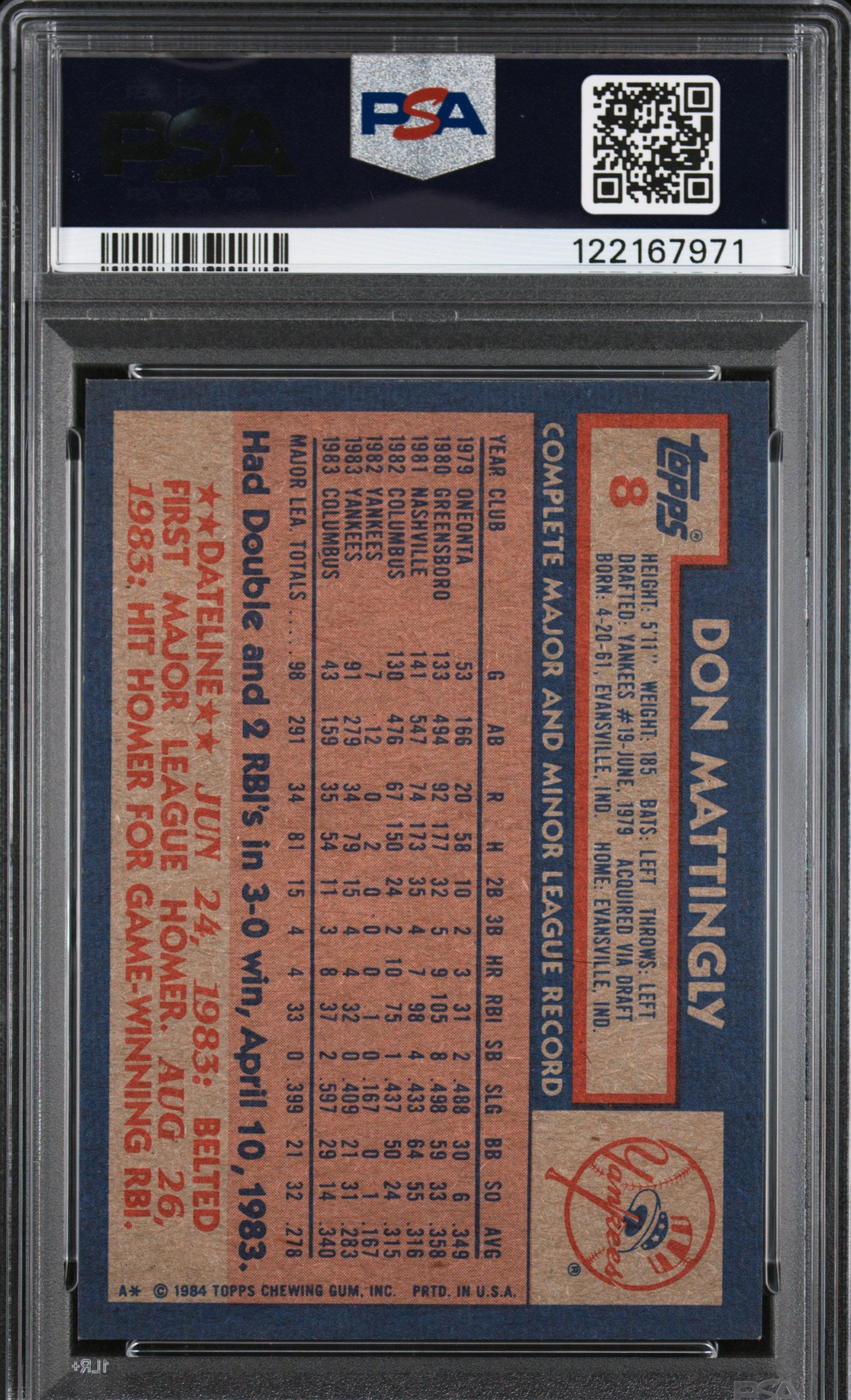 1984 TOPPS 8 DON MATTINGLY PSA 7 - back