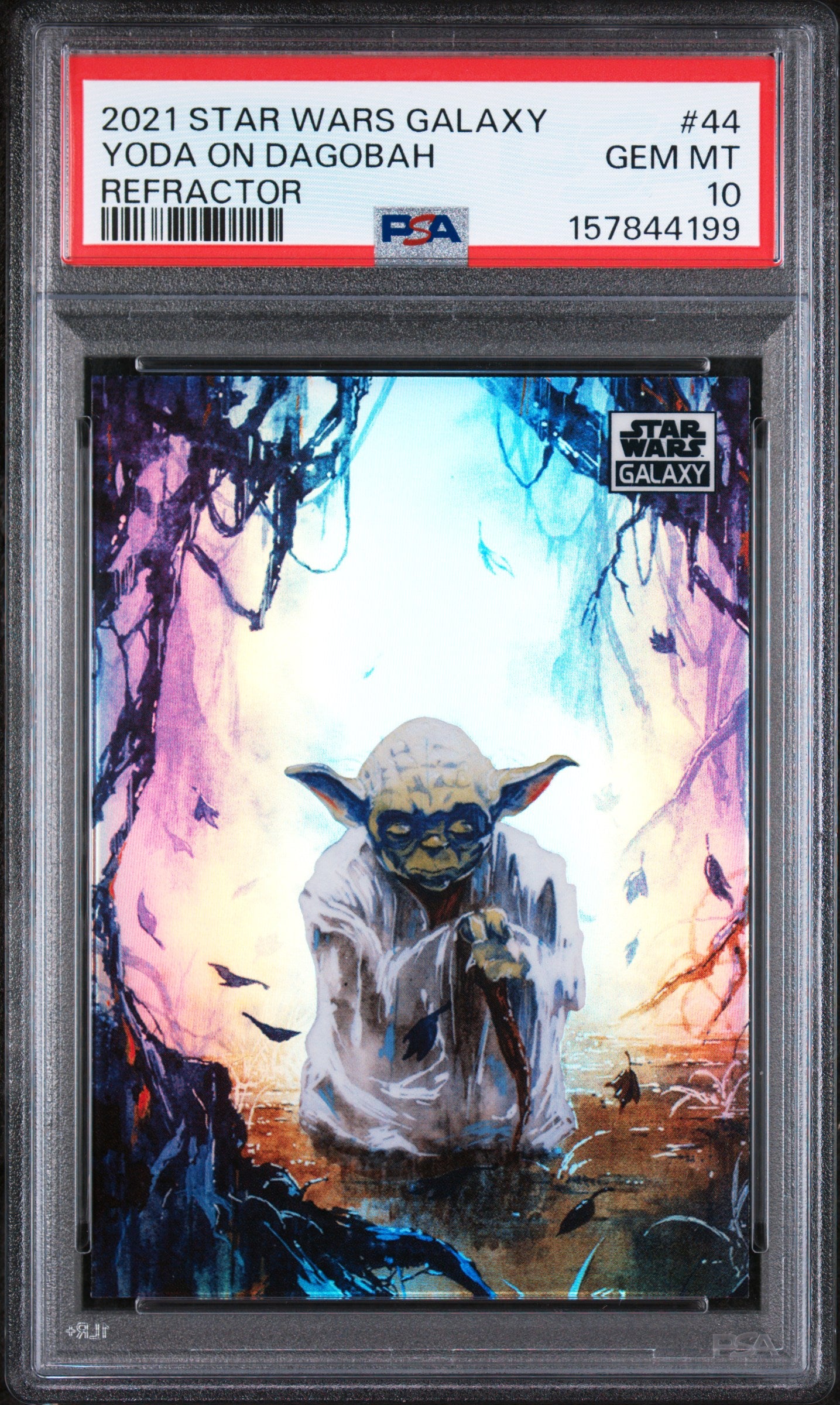 2021 TOPPS CHROME STAR WARS GALAXY 44 YODA ON DAGOBAH REFRACTOR PSA 10 - front