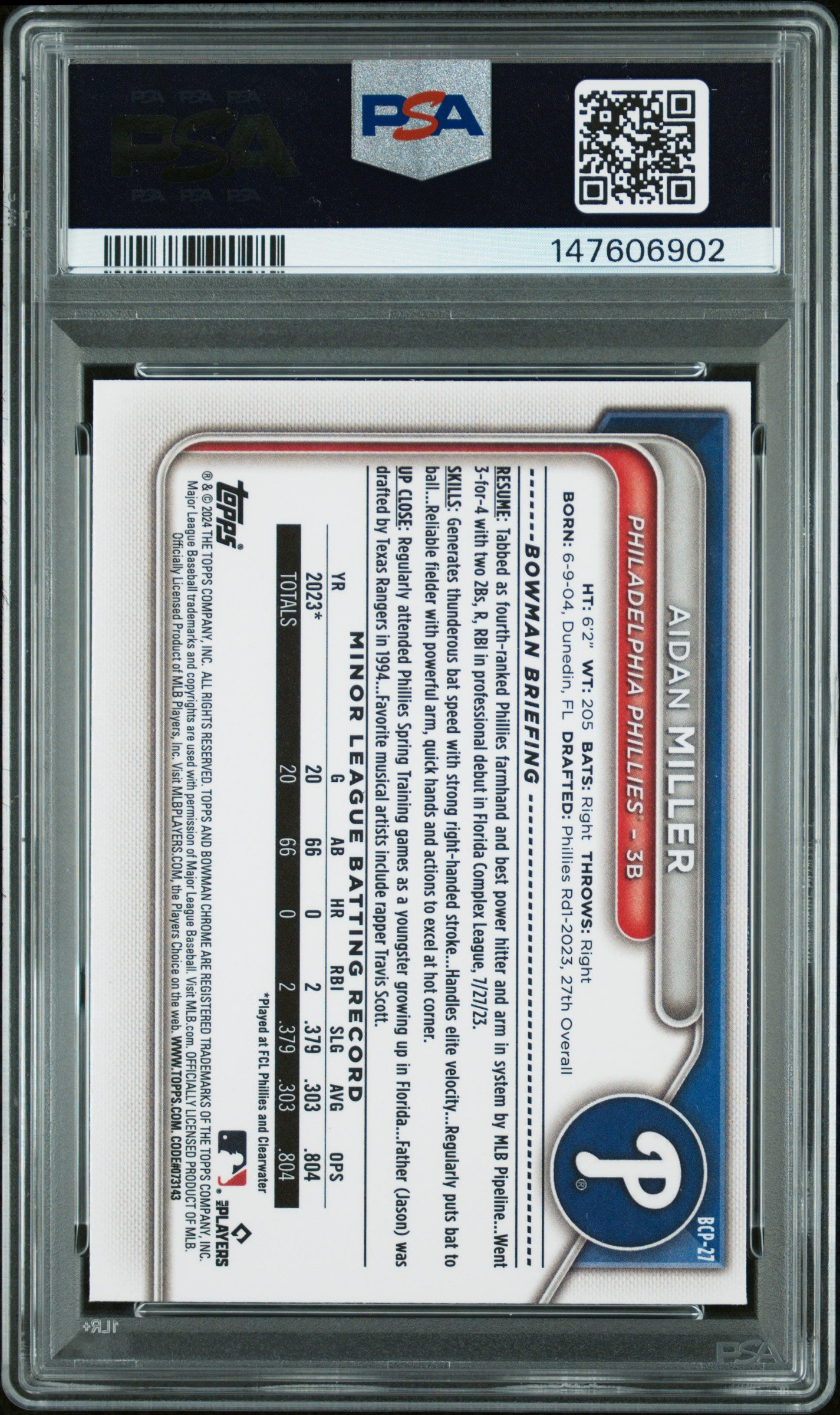 2024 Bowman Chrome Prospects Bcp27 Aidan Miller  PSA 9
