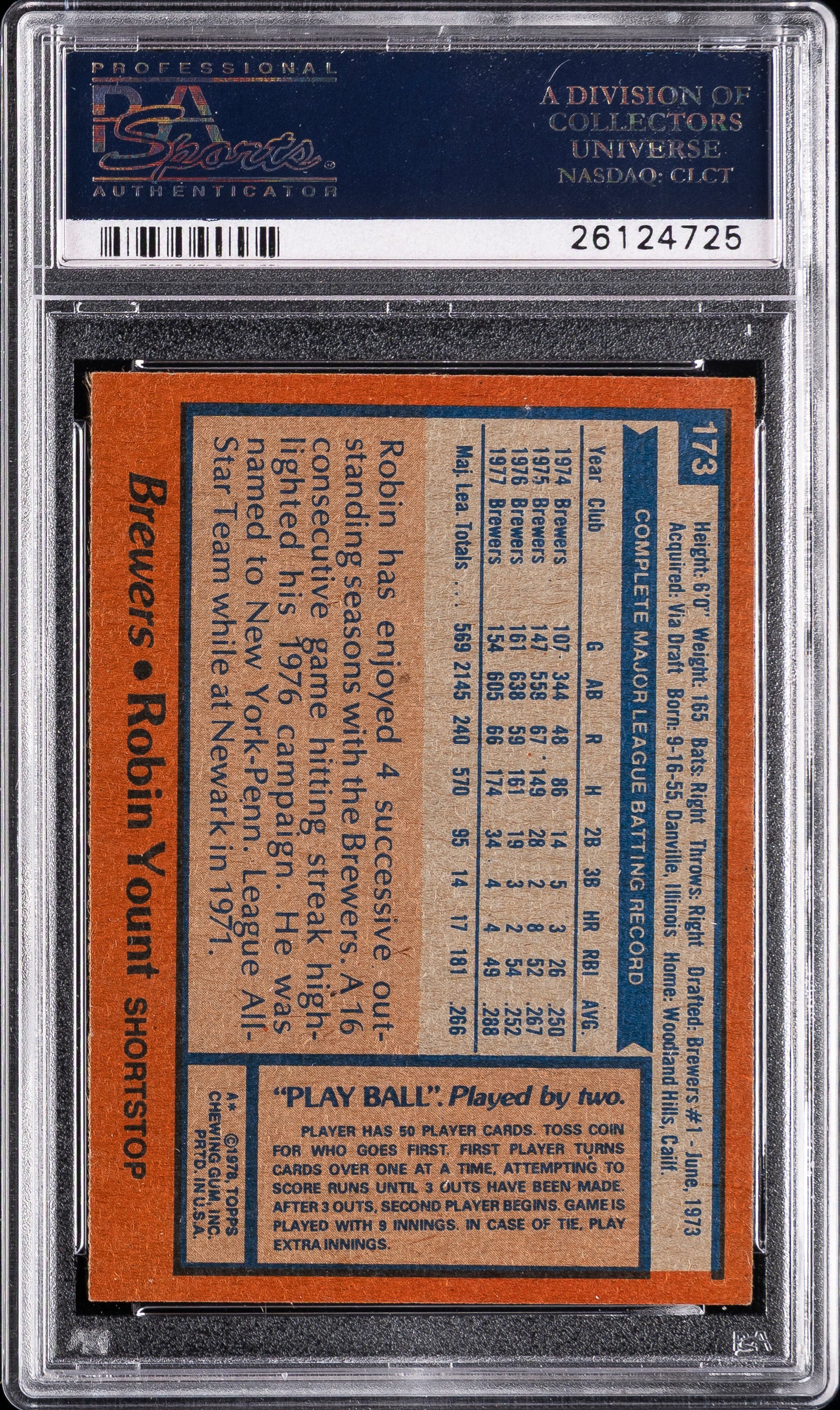 1978 Topps 173 Robin Yount PSA 8
