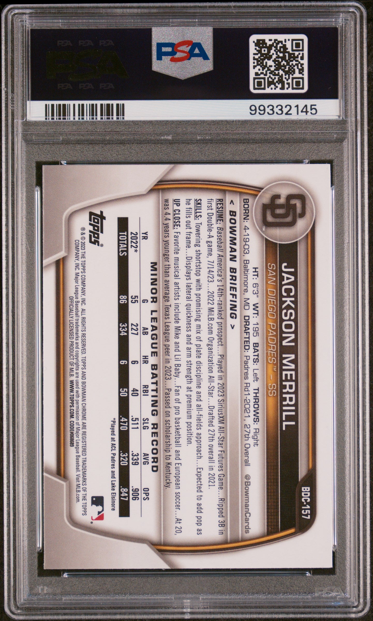 2023 BOWMAN DRAFT BDC157 JACKSON MERRILL CHROME PSA 10 - back